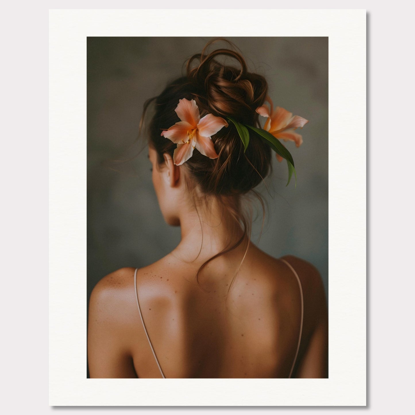 This illustration depicts a woman viewed from behind, with her hair styled in an elegant updo adorned with two peach-colored flowers and green leaves.

This poster would fit well in a bedroom, living room, or any space that benefits from a touch of elegance and natural beauty.