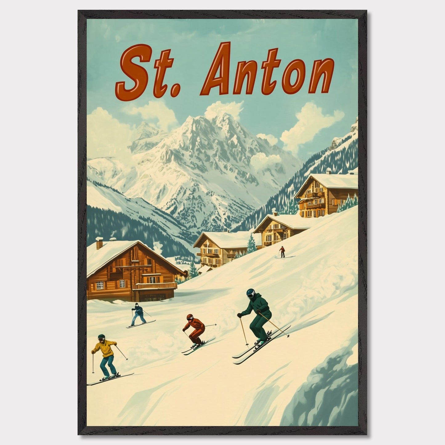 This vibrant retro-style poster captures the thrilling energy of skiing in St. Anton. The scene depicts skiers carving down the slopes, with picturesque alpine chalets nestled in the snow-covered hills and the majestic mountains towering in the background. The warm tones of the sky and the clean, crisp snow evoke the exhilarating experience of a winter sports haven. The bold retro typography adds a touch of nostalgia, perfectly highlighting the charm and adventure of St. Anton.