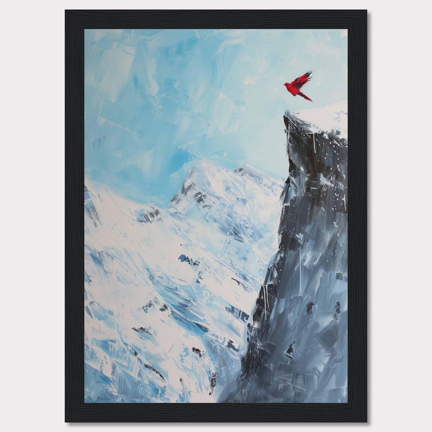 This stunning artwork captures a vibrant red bird soaring above a majestic snow-covered mountain peak, set against a serene blue sky. The contrast between the vivid bird and the icy landscape creates a striking visual impact.