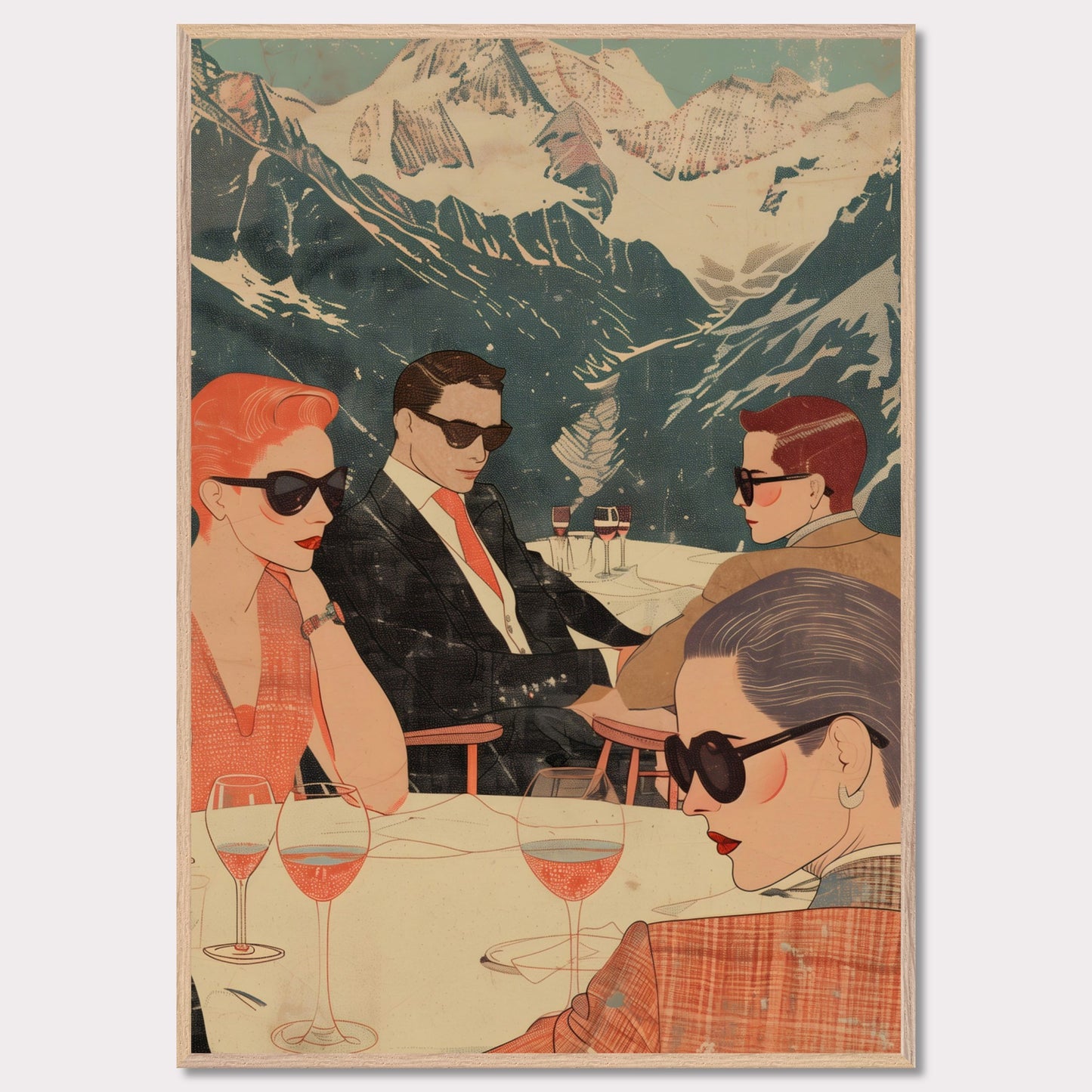 This captivating illustration depicts a stylish group of individuals enjoying a sophisticated gathering with a stunning mountain backdrop.