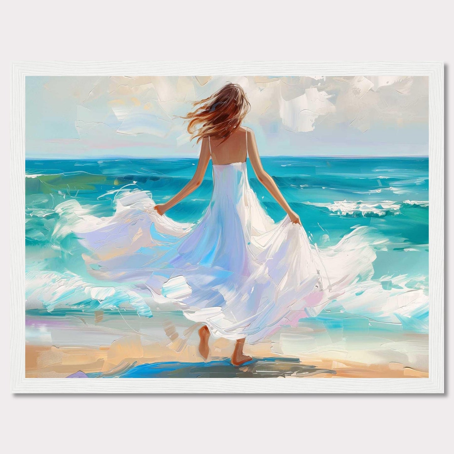 This stunning painting captures a serene moment of a woman in a flowing white dress standing at the edge of the ocean, with waves gently crashing onto the shore. The vibrant colors and dynamic brushstrokes bring this scene to life, evoking a sense of peace and freedom.