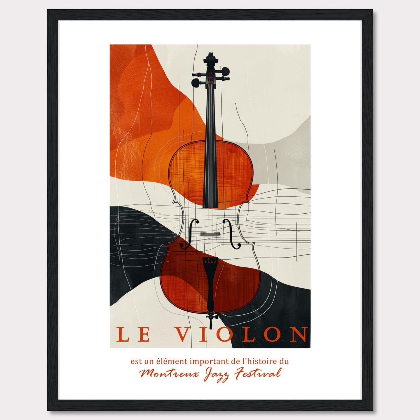 This image features a beautifully designed poster highlighting the importance of the violin in the history of the Montreux Jazz Festival. The central focus is a vibrant, artistic depiction of a violin set against an abstract background of orange, black, and beige shapes.