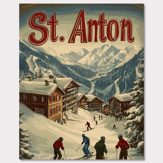 This stunning vintage-inspired poster depicts the idyllic town of St. Anton nestled beneath towering snow-capped peaks. The ski slopes are alive with activity, with skiers descending toward the charming wooden chalets. The warm hues in the sky add a sense of tranquility to the winter landscape, while the retro typography and art style transport the viewer to a time when winter holidays in the Alps were the height of elegance and adventure.