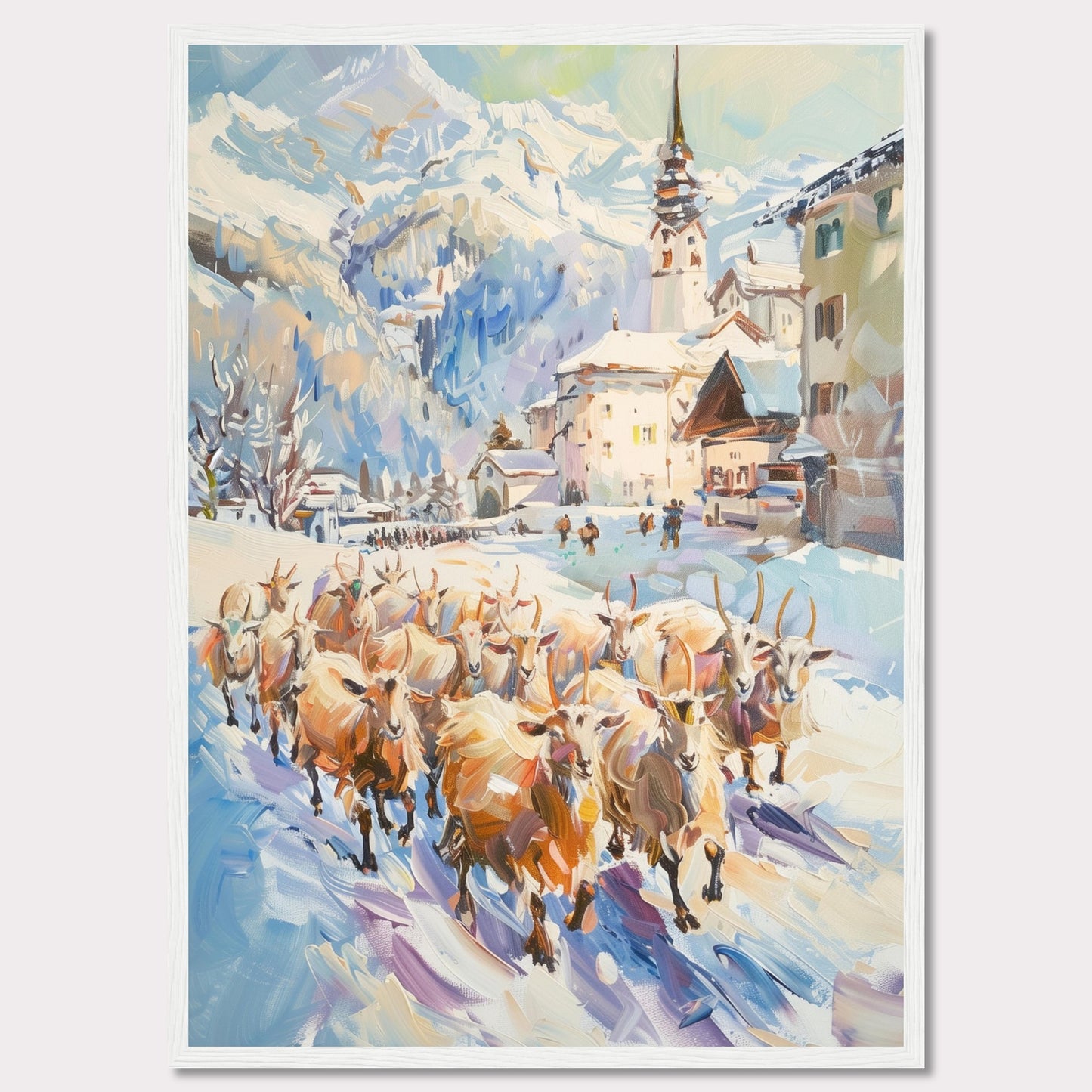 This captivating painting depicts a serene winter village scene with a herd of sheep being guided through the snow-covered streets. The backdrop features majestic snow-capped mountains and charming alpine architecture, including a prominent church steeple.