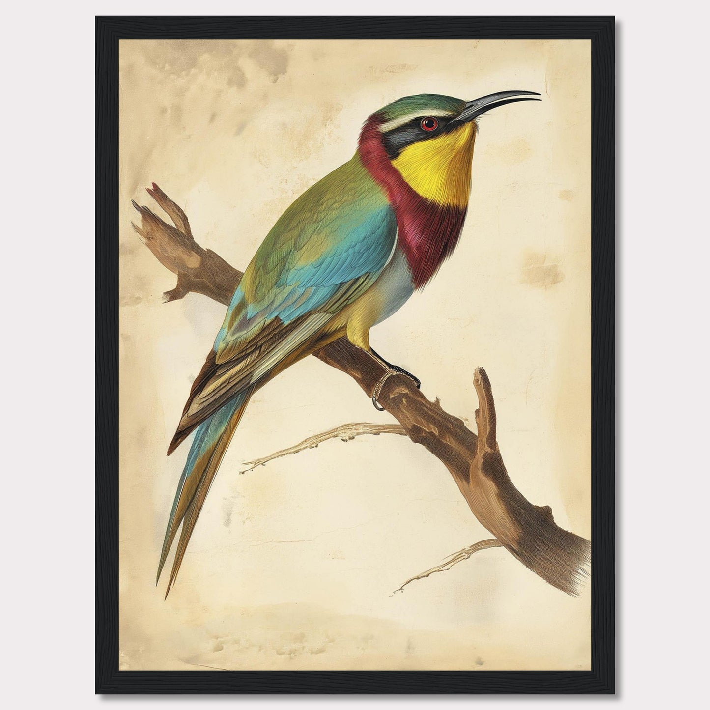 This captivating artwork features a vibrant bird perched on a branch, showcasing its colorful plumage. The background is a soft, muted beige that highlights the bird's bright hues. The bird's feathers display a stunning array of colors, including green, blue, yellow, and red. The piece is framed in a simple black frame that complements the artwork without detracting from it.