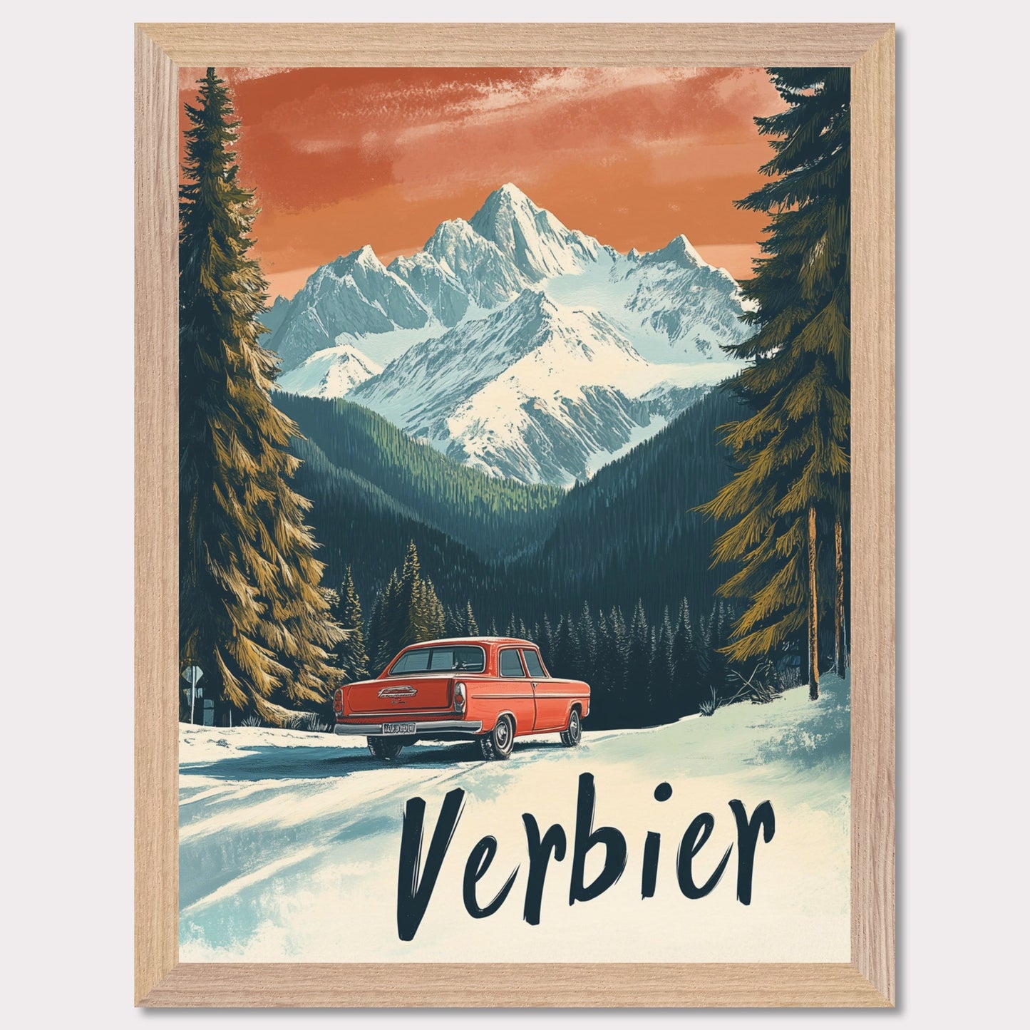 This striking retro-style poster depicts a vintage car driving through a snowy mountain landscape in Verbier. The red car stands out against the backdrop of majestic, snow-covered peaks and towering trees, with the warm orange hues of the sky adding to the nostalgic vibe. The vintage typography and artistic style evoke the allure of road trips through the Swiss Alps, offering a sense of freedom and adventure in a winter wonderland.