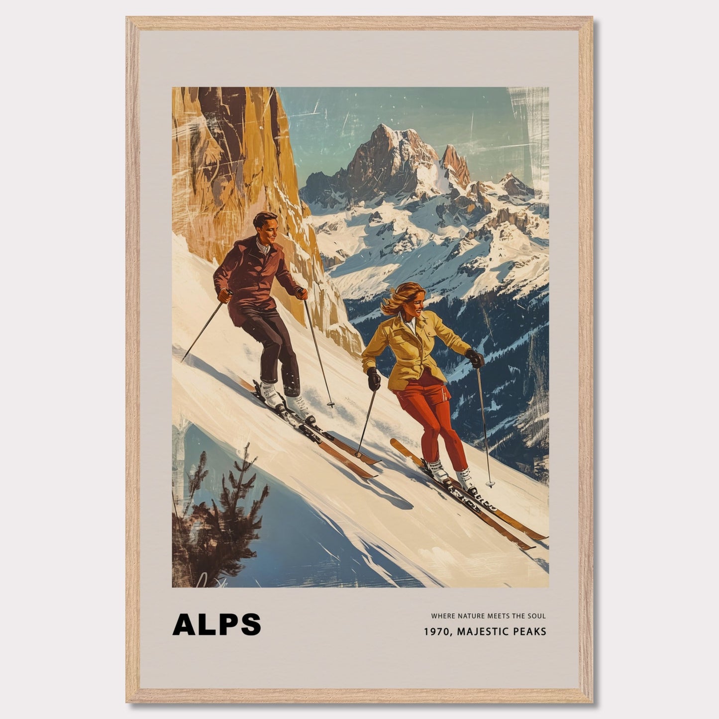 This striking vintage poster celebrates the grandeur of the Alps, depicting a dynamic pair of skiers descending snowy slopes with towering peaks in the background. Their confident movements against the crisp, majestic scenery capture the essence of alpine adventure. The warm, retro tones paired with the timeless typography evoke a sense of nostalgia and the spirit of mountain exploration.