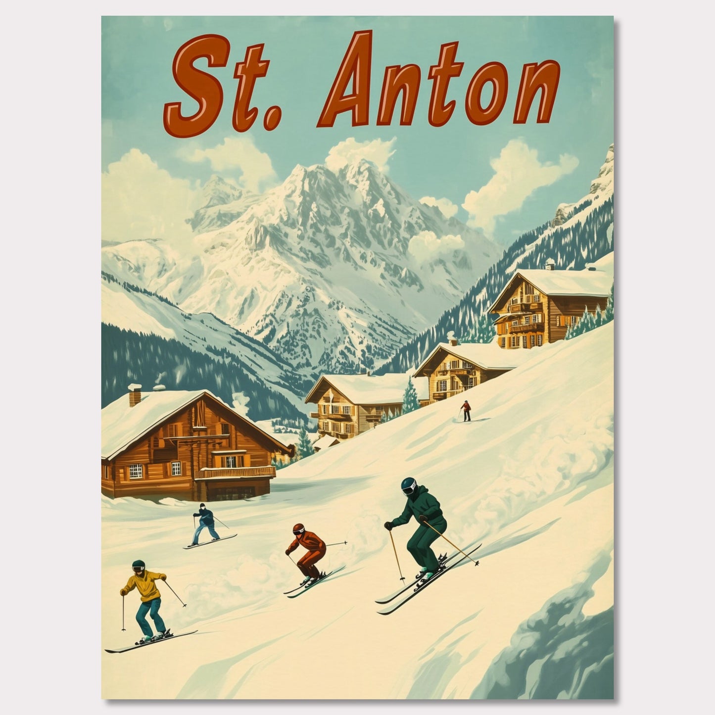 This vibrant retro-style poster captures the thrilling energy of skiing in St. Anton. The scene depicts skiers carving down the slopes, with picturesque alpine chalets nestled in the snow-covered hills and the majestic mountains towering in the background. The warm tones of the sky and the clean, crisp snow evoke the exhilarating experience of a winter sports haven. The bold retro typography adds a touch of nostalgia, perfectly highlighting the charm and adventure of St. Anton.