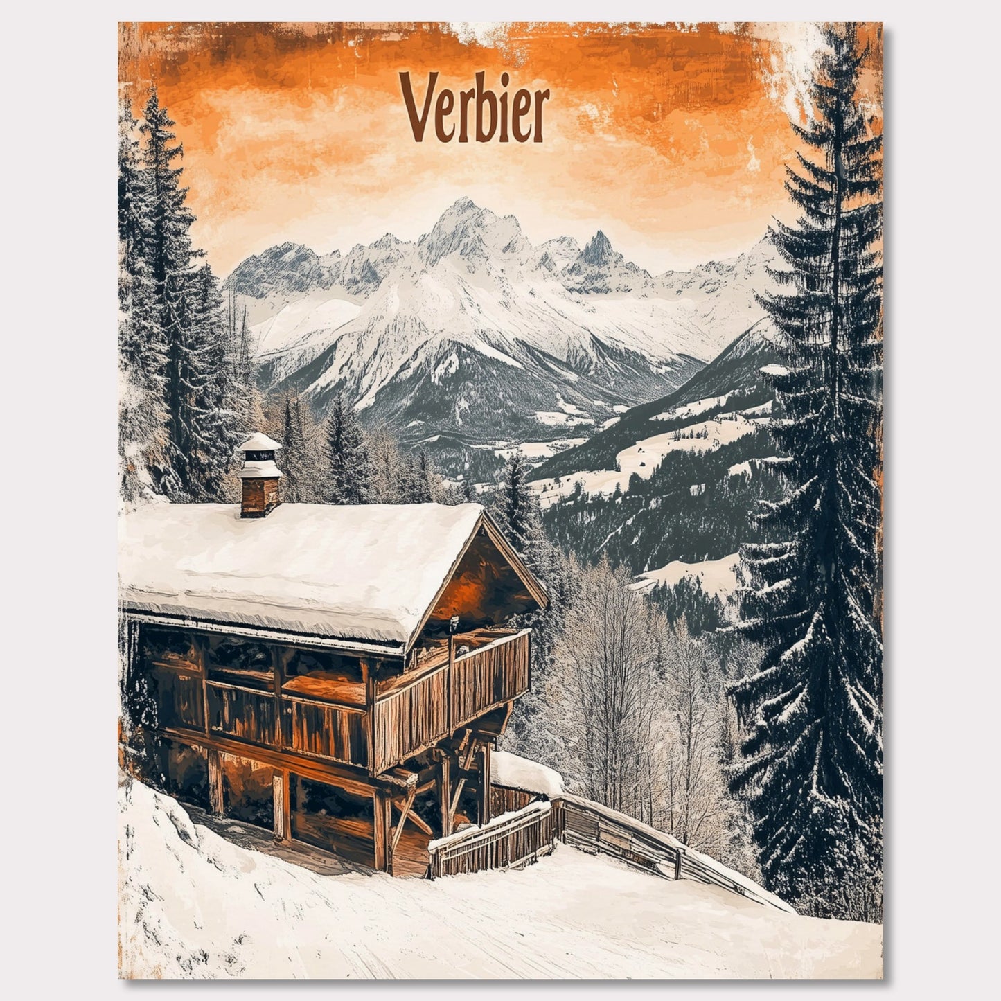 This charming retro-style poster showcases a cozy wooden cabin nestled in the snowy mountains of Verbier. The cabin, with its warm and rustic exterior, contrasts beautifully against the crisp white snow and towering, snow-capped peaks in the distance. The soft, vintage tones in the sky and the peaceful surroundings evoke a sense of tranquility and the perfect winter getaway. The gentle snowfall and warm cabin lights enhance the nostalgic feeling of a quiet retreat in the Alps.