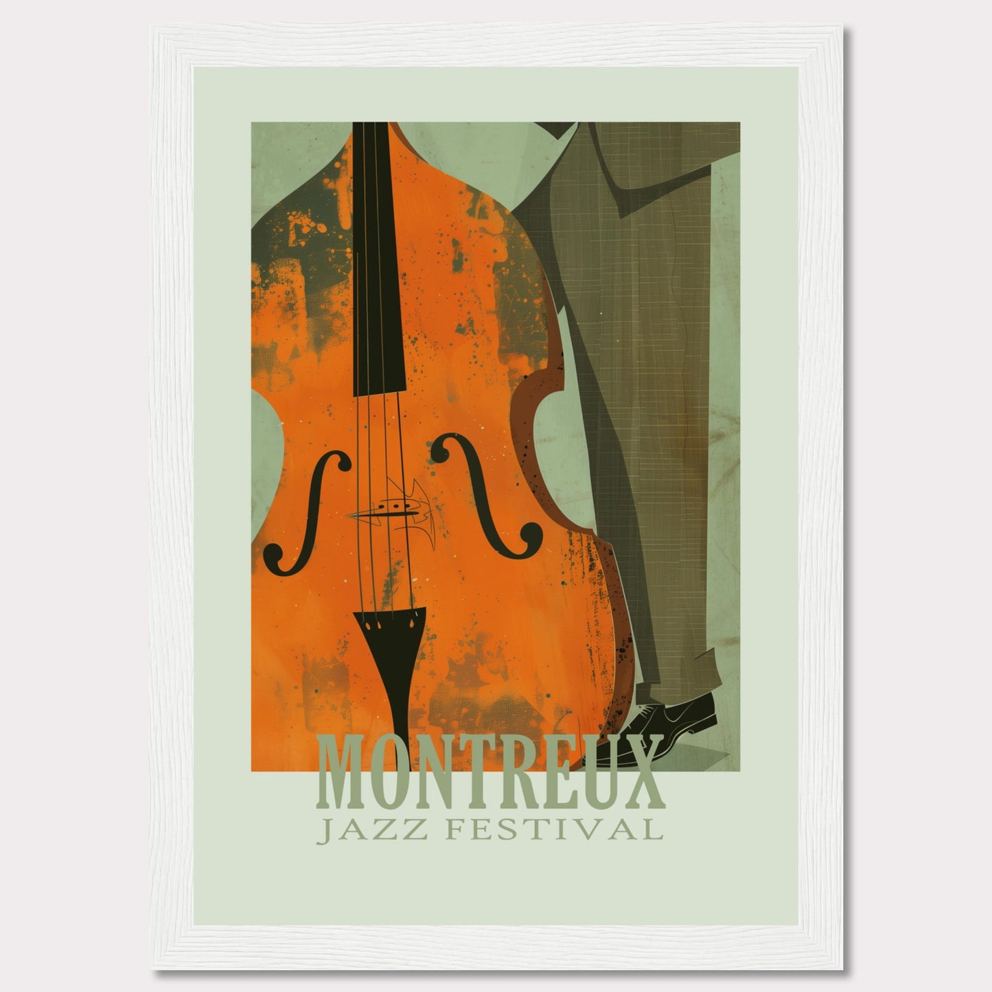 This image is a poster for the Montreux Jazz Festival. It features an abstract illustration of a double bass and a person in a suit.