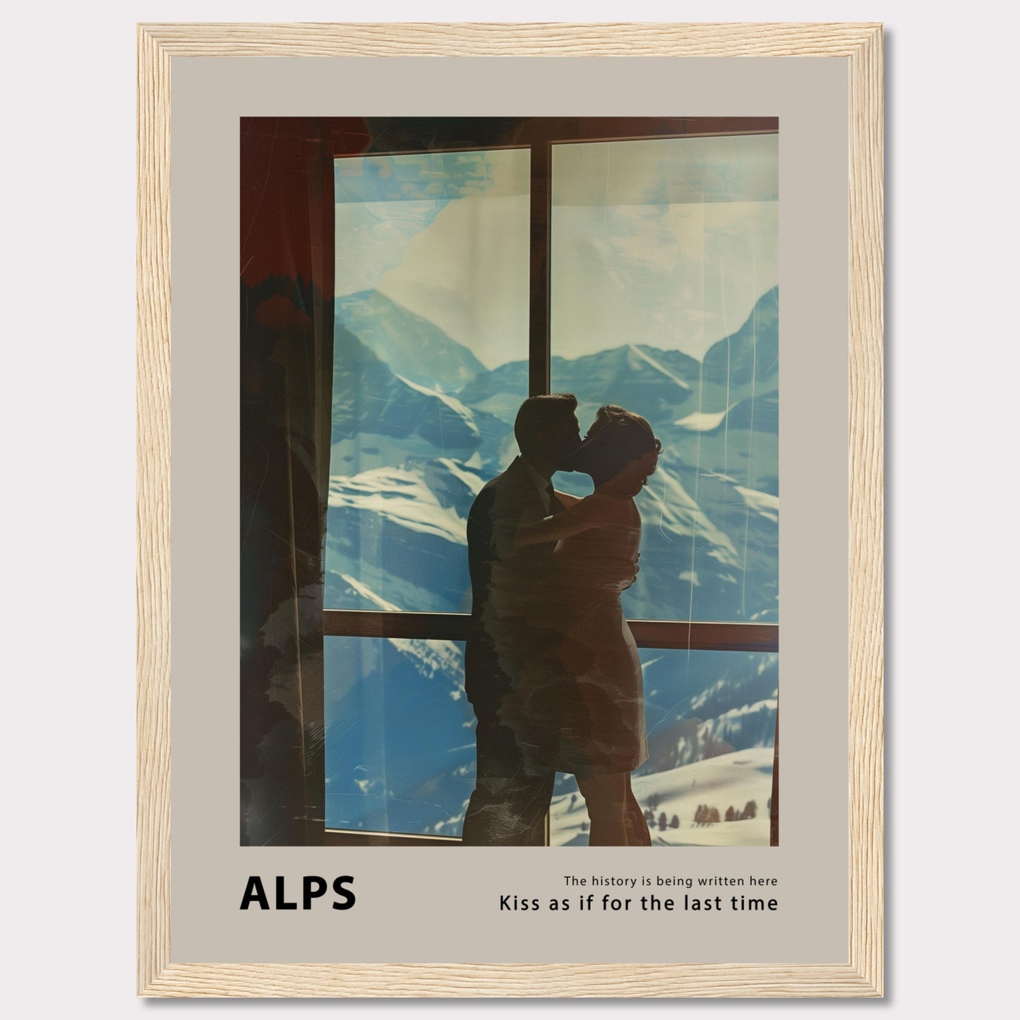 A romantic poster featuring a couple sharing a kiss with the breathtaking backdrop of the Alps visible through a large window. The serene snowy mountains and clear blue sky add to the emotional ambiance.