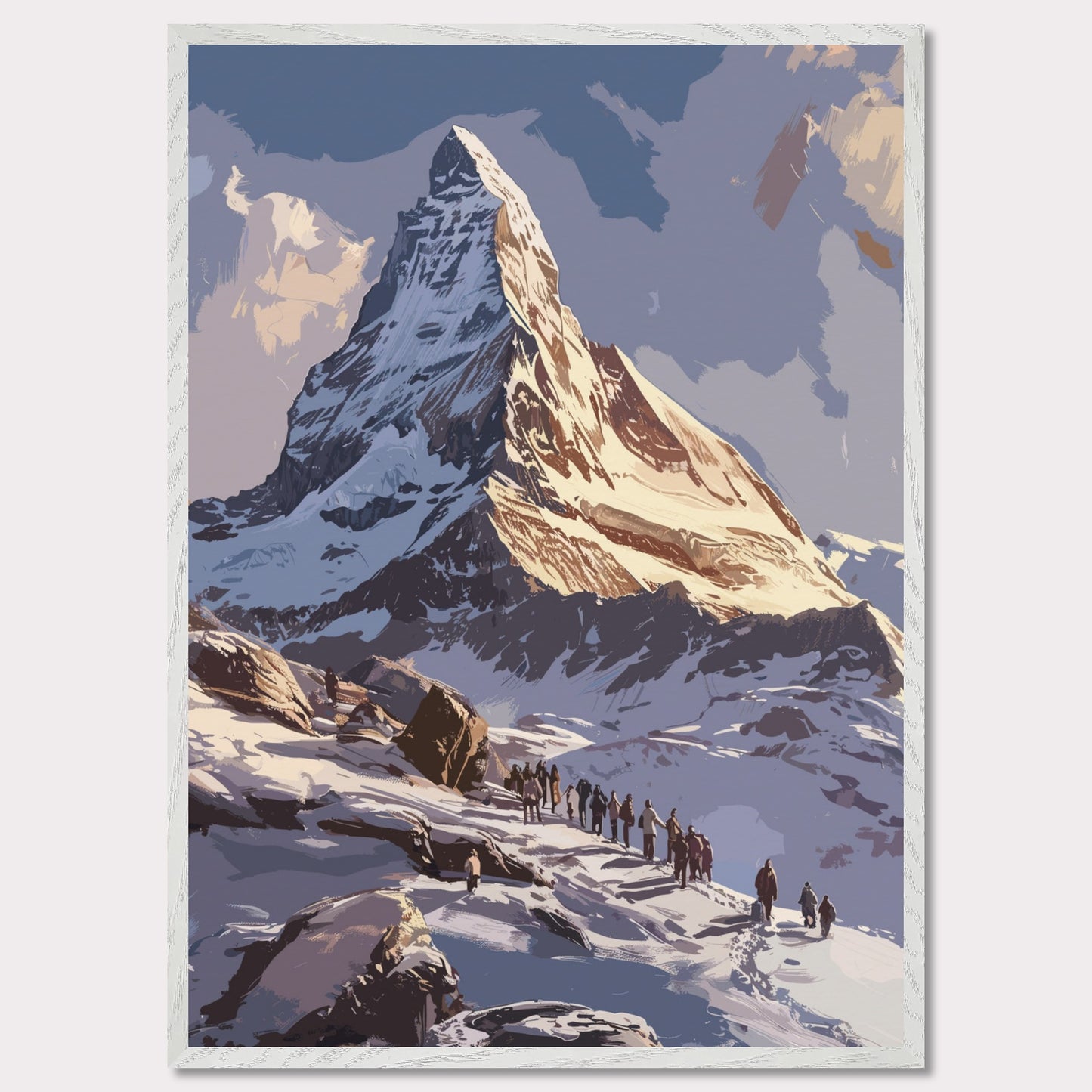 Experience the majestic beauty of this stunning mountain landscape. The image captures a group of adventurers trekking up a snow-covered path towards a towering, sunlit peak. The sky above is clear with a few clouds, adding depth and contrast to the scene. The rugged terrain and the determination of the climbers evoke a sense of awe and inspiration.