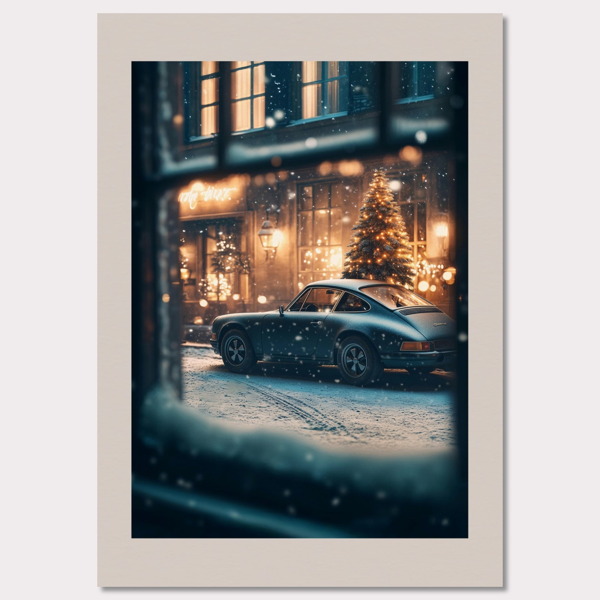 This cozy holiday poster captures a snowy Christmas evening, viewed through a frosty window. The glowing lights of a festive tree and a classic vintage car set the stage for a warm, nostalgic celebration. The snowflakes gently falling add magic to the enchanting alpine village atmosphere.