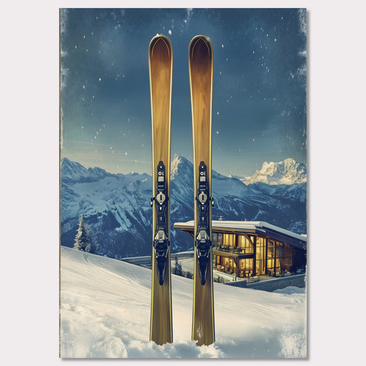 This elegant poster showcases the perfect blend of tradition and modernity in a snowy alpine escape. Two sleek skis stand proudly in the foreground, while a contemporary, glowing chalet nestled in the mountains provides a warm contrast to the frosty winter scene.