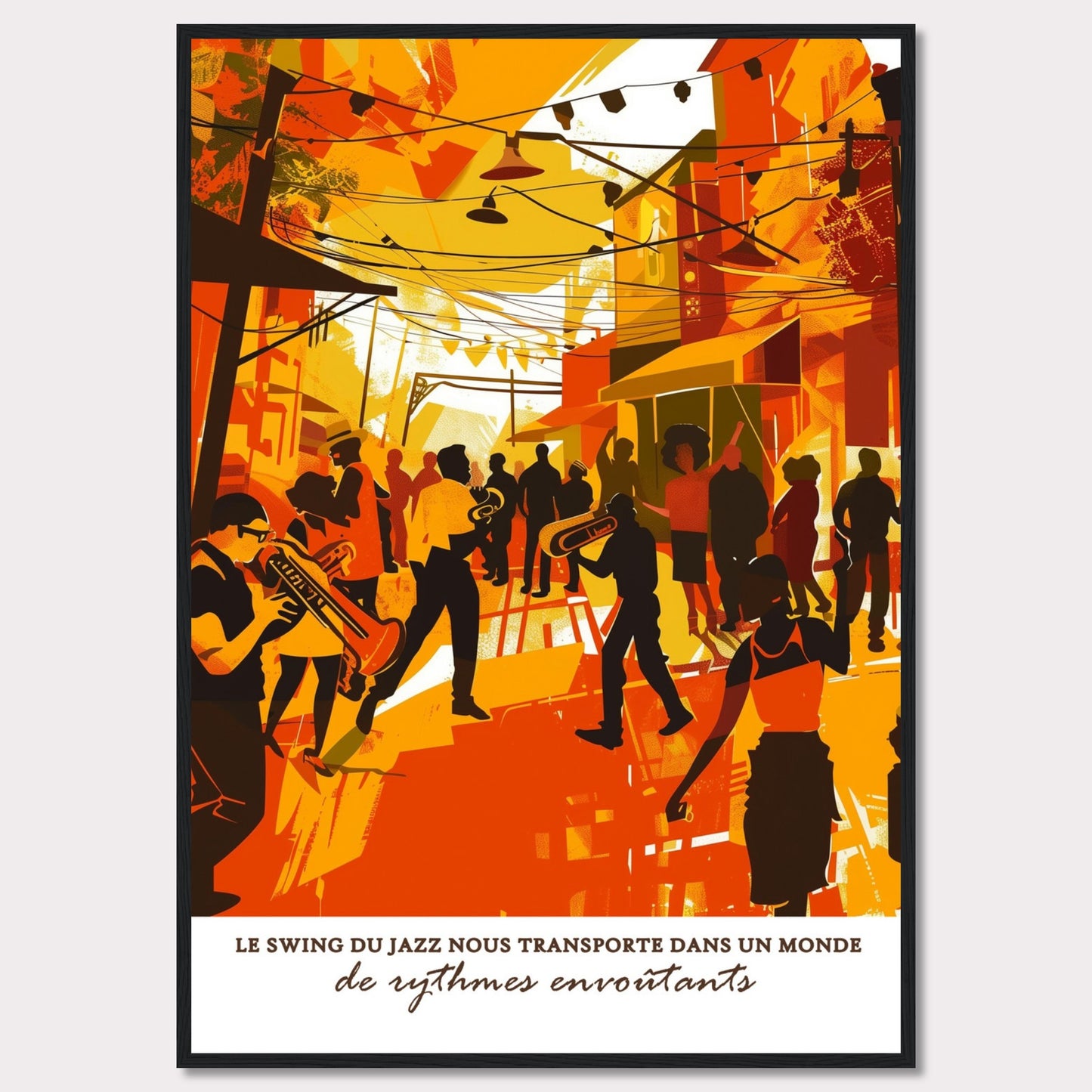 This vibrant illustration captures the lively atmosphere of a jazz street performance. Musicians with trumpets and trombones play energetically, surrounded by an enthusiastic crowd. The scene is bathed in warm hues of orange and yellow, evoking a sense of warmth and excitement.