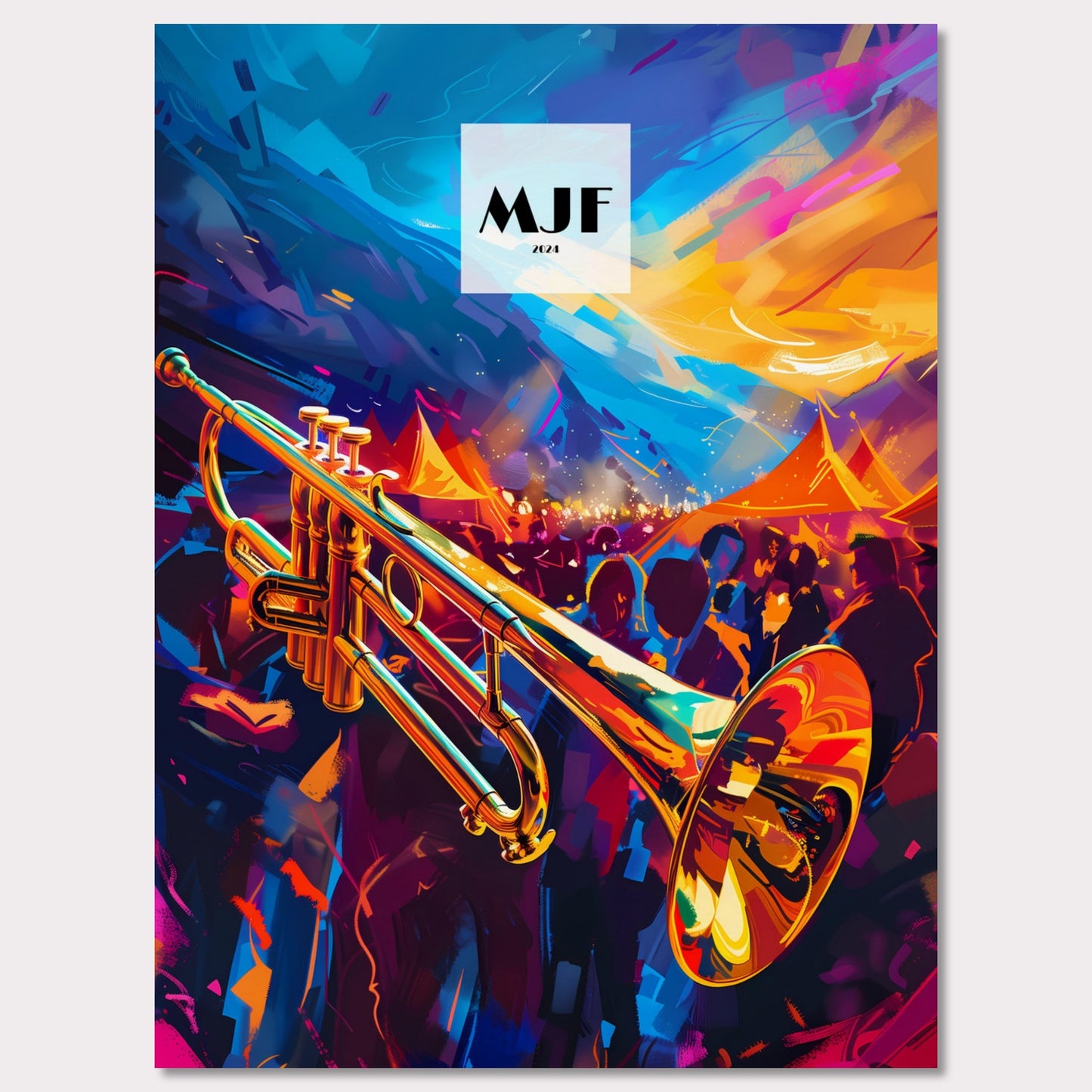 This vibrant poster captures the essence of a lively jazz festival. A gleaming trumpet takes center stage, set against a backdrop of colorful tents and an enthusiastic crowd. The sky is painted with dynamic strokes of blue and orange, adding to the energetic atmosphere.