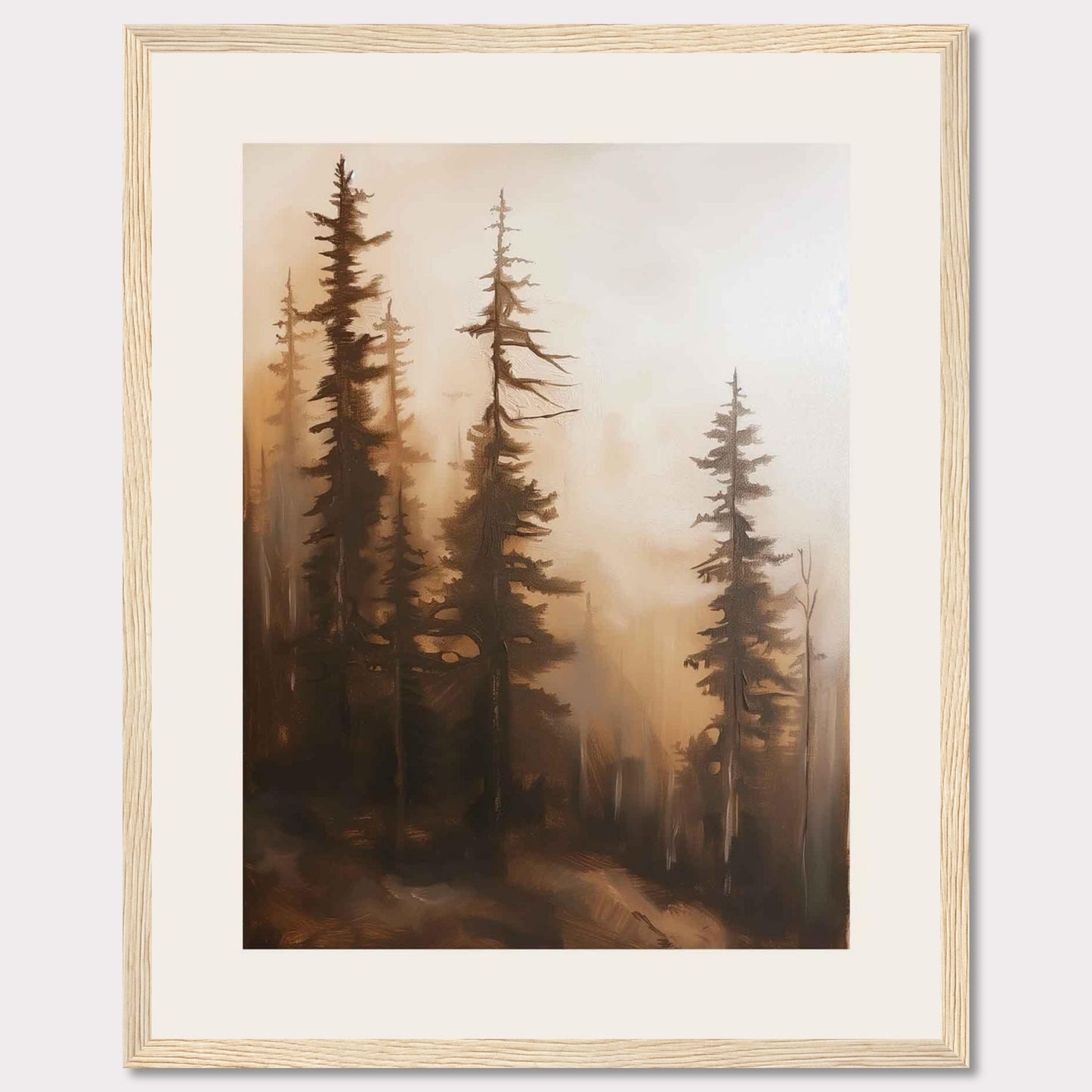 This captivating artwork features a serene forest scene enveloped in mist, evoking a sense of tranquility and mystery. The tall, slender trees stand majestically, their branches reaching out into the foggy atmosphere. The soft, warm hues create a calming ambiance, making it a perfect addition to any living space.