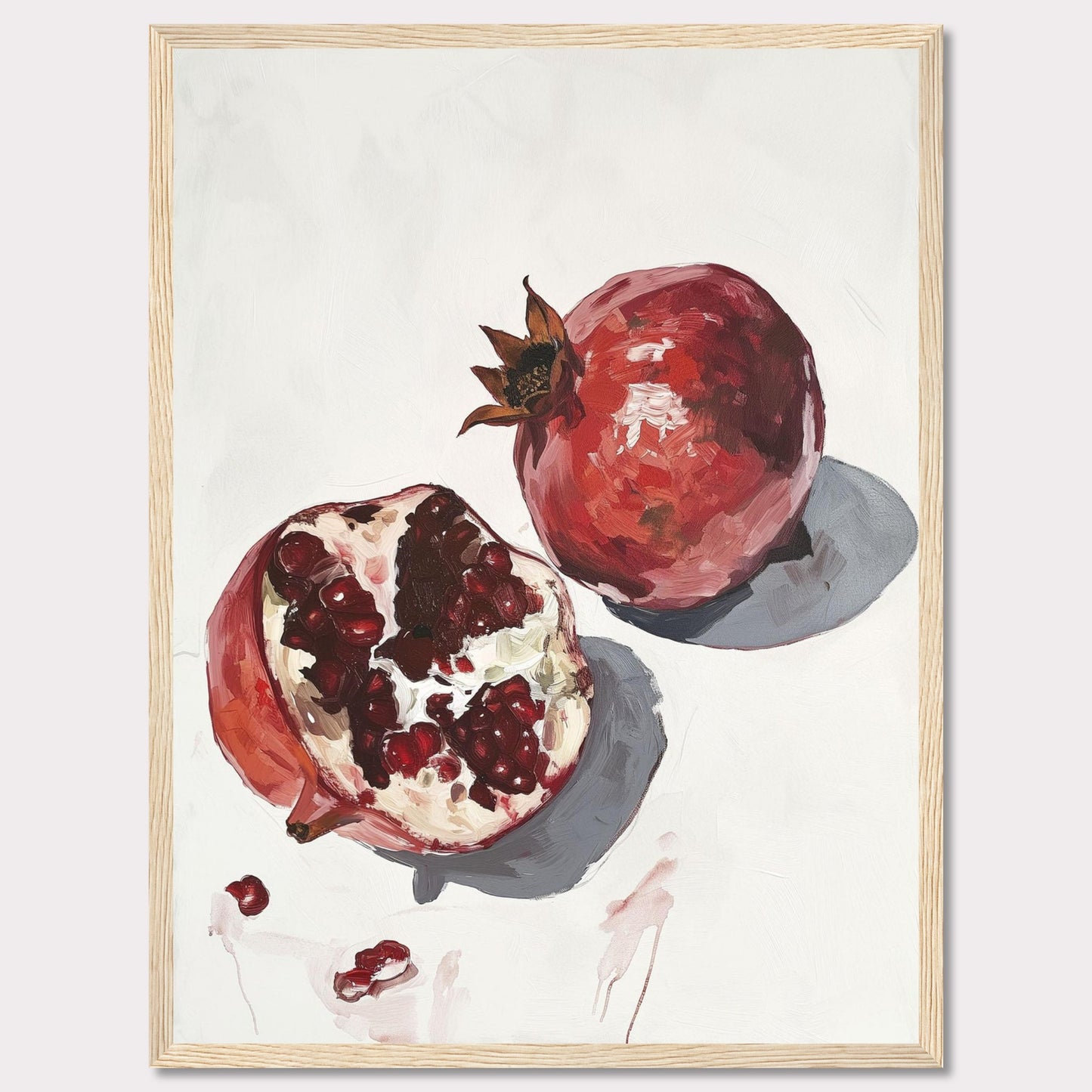 This captivating artwork features a detailed painting of two pomegranates, one whole and one halved, showcasing the vibrant red seeds. The minimalist background highlights the rich colors and textures of the fruit, making it a striking piece for any space.