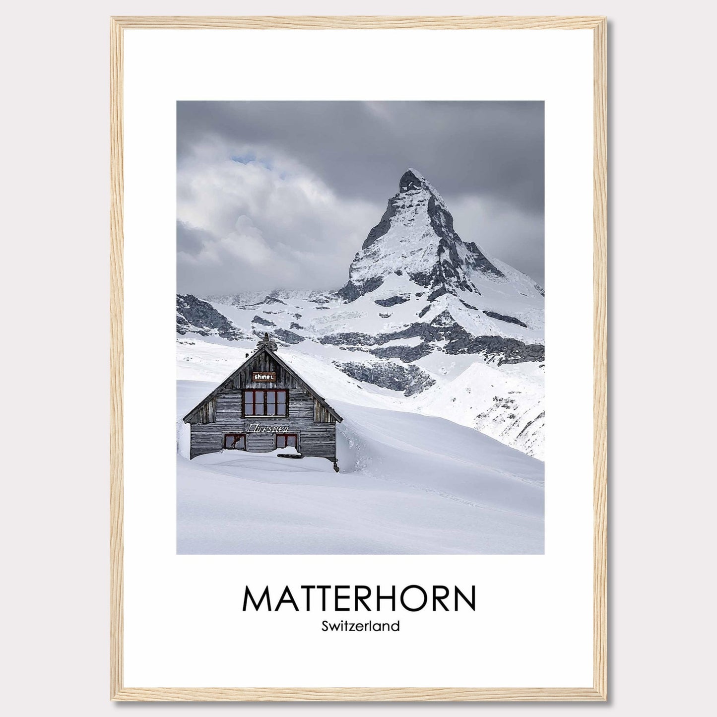 This stunning photograph captures the iconic Matterhorn in Switzerland, with a charming wooden cabin nestled in the snow-covered landscape. The majestic peak rises dramatically against a cloudy sky, creating a breathtaking scene of natural beauty.