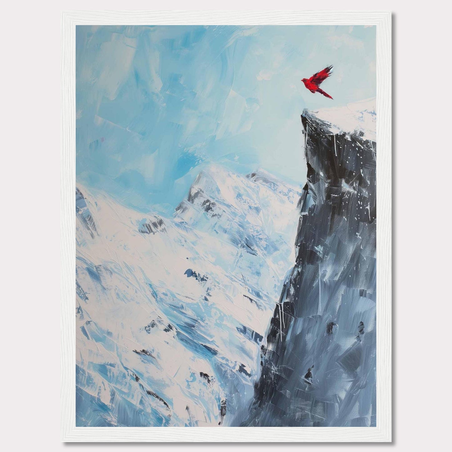 This stunning artwork captures a vibrant red bird soaring above a majestic snow-covered mountain peak, set against a serene blue sky. The contrast between the vivid bird and the icy landscape creates a striking visual impact.