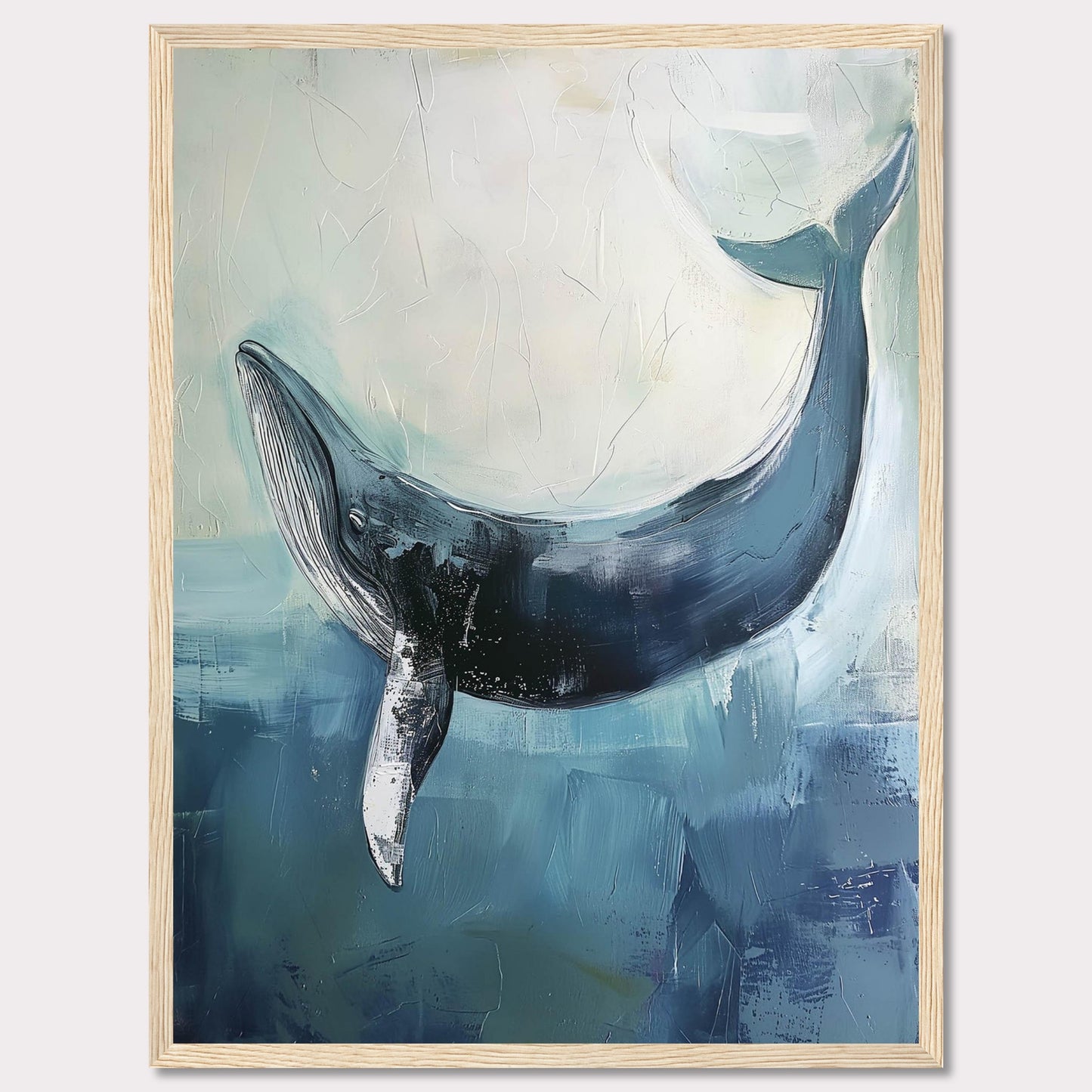 This image showcases a stunning painting of a whale gracefully swimming in the ocean. The artwork captures the serene beauty and majesty of the whale, set against a backdrop of soothing blue and white hues. The texture and brushstrokes add depth and movement to the piece, making it an eye-catching addition to any space.