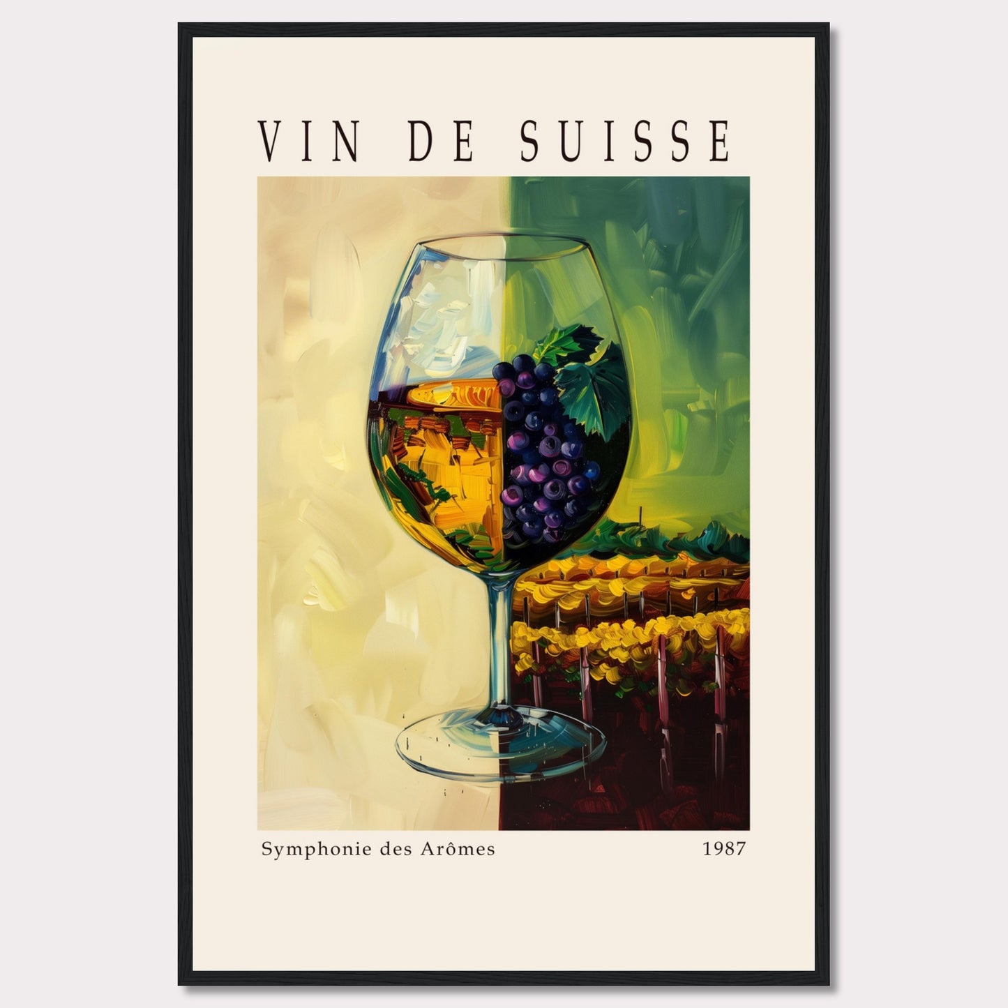 This vibrant poster showcases a wine glass filled with white wine, adorned with a cluster of purple grapes and green leaves. The background features a picturesque vineyard scene, split into two contrasting hues of yellow and green.