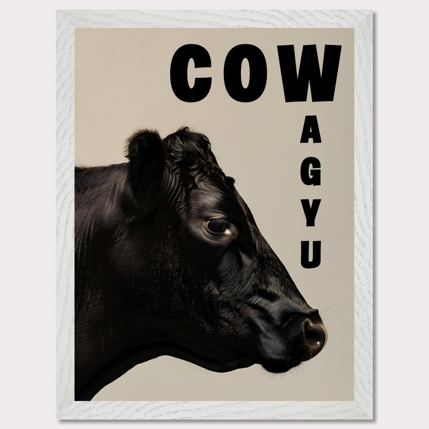 This image features a close-up profile of a black cow against a neutral background. The word "COW" is prominently displayed in bold black letters at the top, while the word "WAGYU" is arranged vertically on the right side.