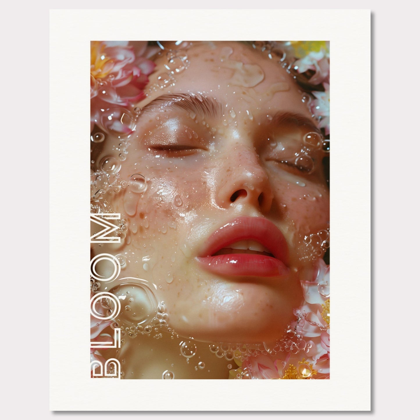 This illustration features a close-up of a serene face with closed eyes, surrounded by water droplets and flowers. The word "BLOOM" is prominently displayed along the left side.

Where this poster will fit: This poster would be ideal for a bedroom, living room, or beauty salon.