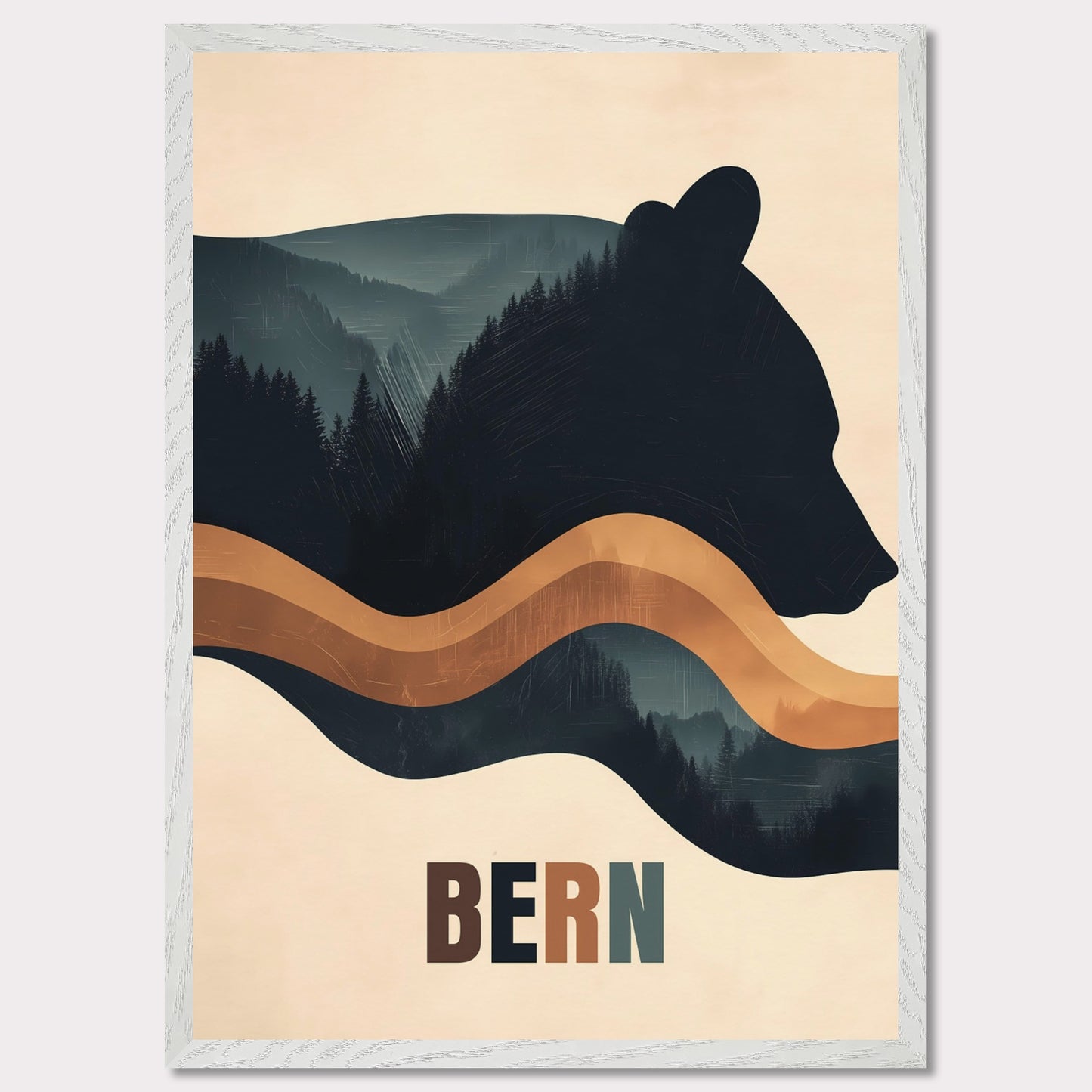 This elegant poster captures the harmony between nature and Bern’s cultural heritage. The silhouette of a bear, the city’s symbol, seamlessly blends with dense forests and flowing lines, creating a sense of tranquility and connection with the surroundings. The minimalist style and warm color palette give the artwork a modern aesthetic.