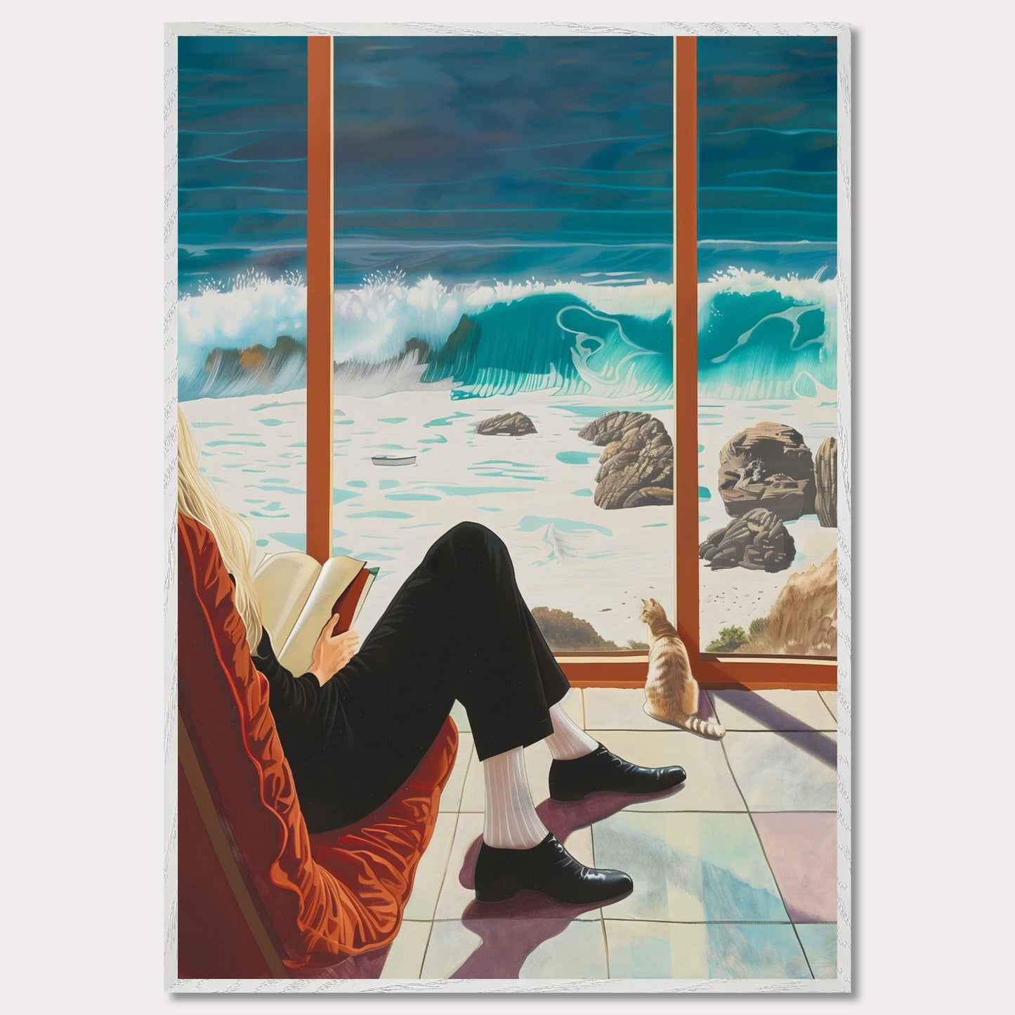 This captivating artwork depicts a serene scene where a person is sitting comfortably by a large window, reading a book. Outside, the ocean waves crash against the rocky shore, creating a mesmerizing view. A cat sits by the window, also gazing at the beautiful seascape.