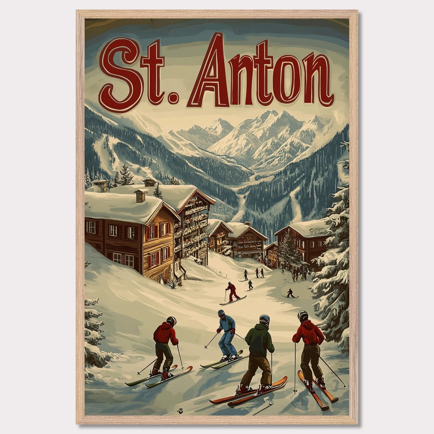 This stunning vintage-inspired poster depicts the idyllic town of St. Anton nestled beneath towering snow-capped peaks. The ski slopes are alive with activity, with skiers descending toward the charming wooden chalets. The warm hues in the sky add a sense of tranquility to the winter landscape, while the retro typography and art style transport the viewer to a time when winter holidays in the Alps were the height of elegance and adventure.