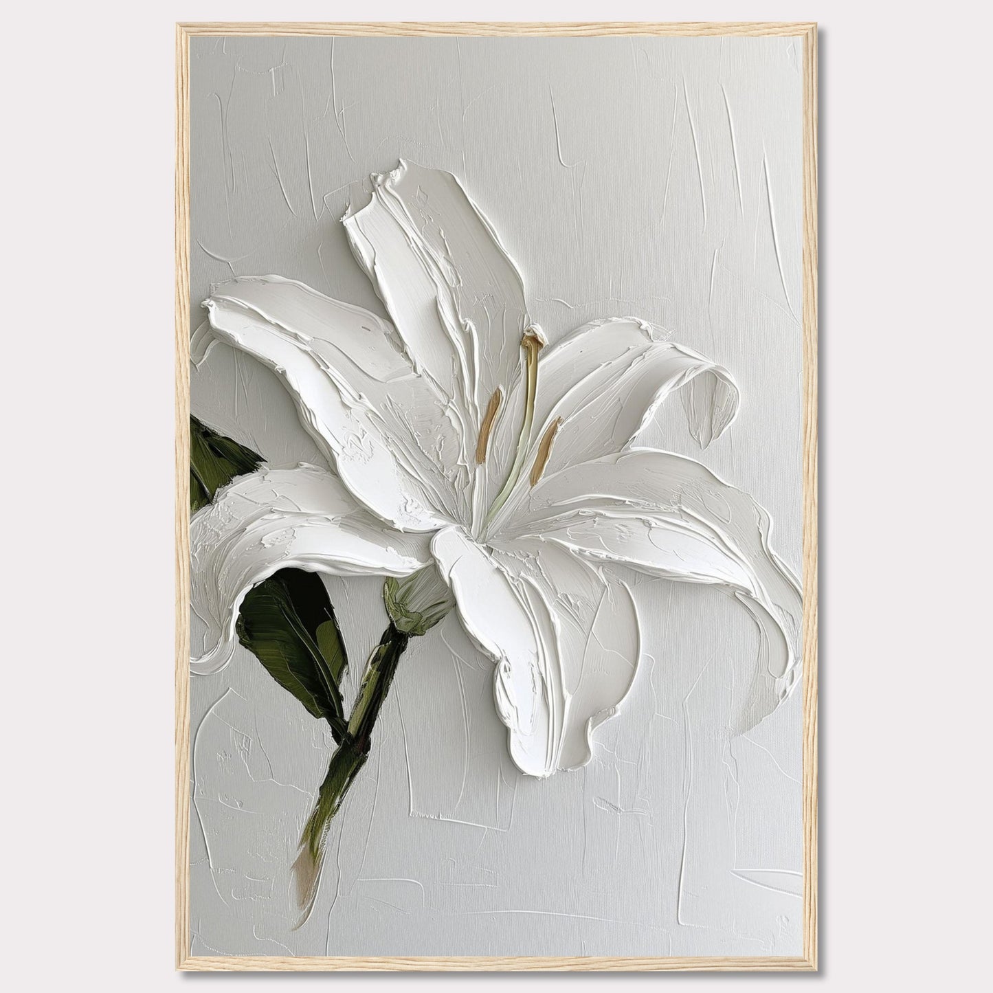 This image showcases a stunning textured painting of a white lily, elegantly framed in black. The thick brushstrokes add depth and dimension to the petals, creating a lifelike appearance. The background is kept minimal, allowing the flower to be the focal point.