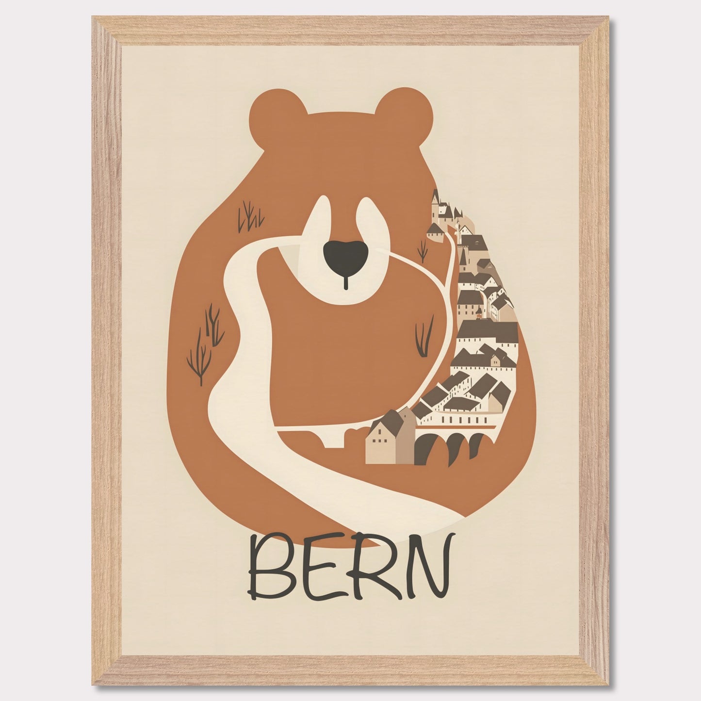 This charming poster features a stylized depiction of Bern, Switzerland, where the iconic bear—symbol of the city—seamlessly merges with the winding streets and historic architecture. The earthy tones and minimalist design evoke a sense of warmth and tradition, reflecting the city's rich history and natural surroundings.