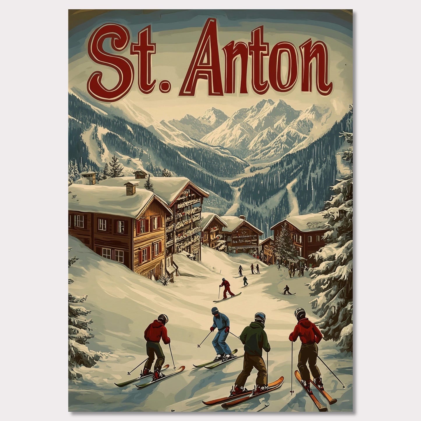 This stunning vintage-inspired poster depicts the idyllic town of St. Anton nestled beneath towering snow-capped peaks. The ski slopes are alive with activity, with skiers descending toward the charming wooden chalets. The warm hues in the sky add a sense of tranquility to the winter landscape, while the retro typography and art style transport the viewer to a time when winter holidays in the Alps were the height of elegance and adventure.