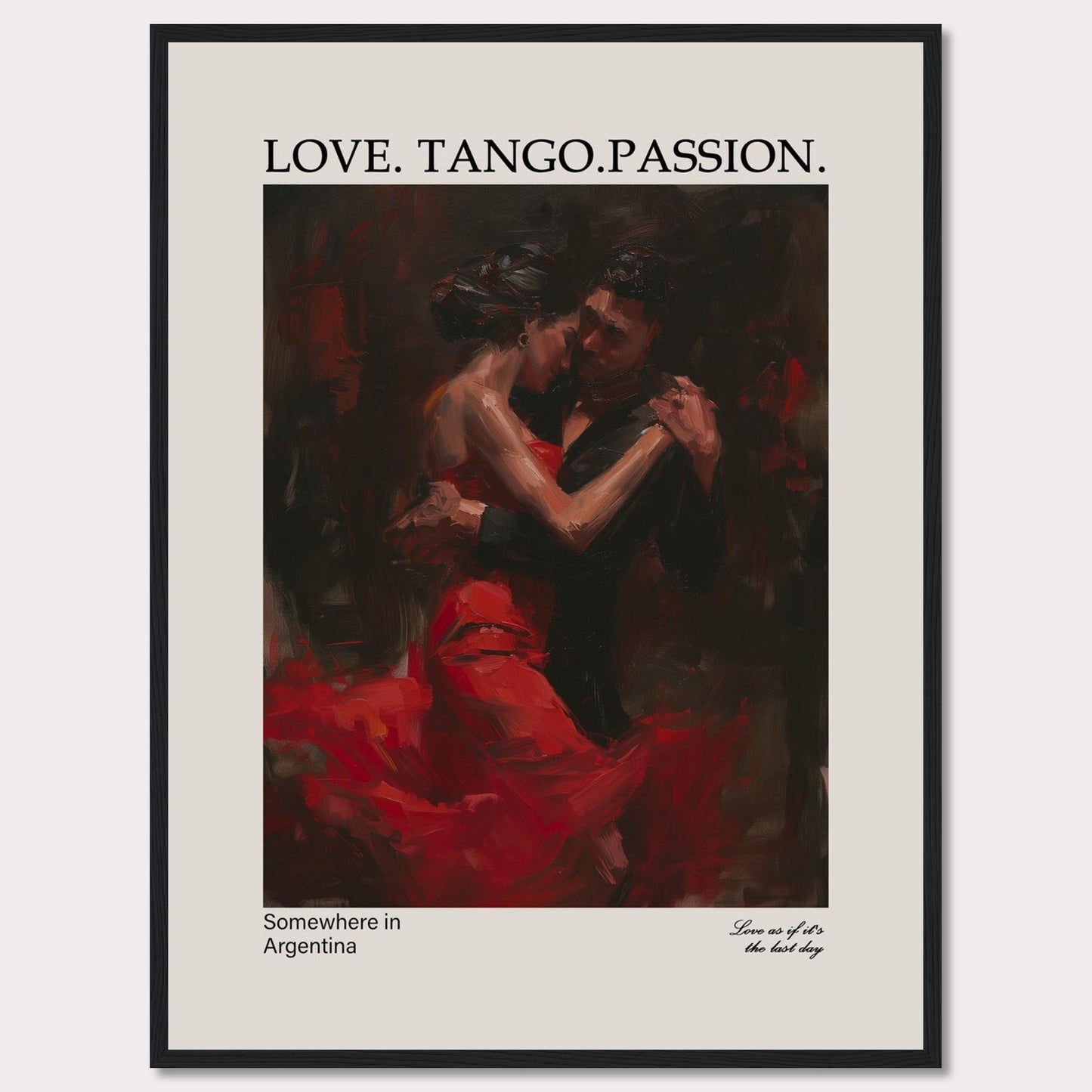 This captivating poster showcases a passionate tango dance between a couple, enveloped in deep red and black hues.