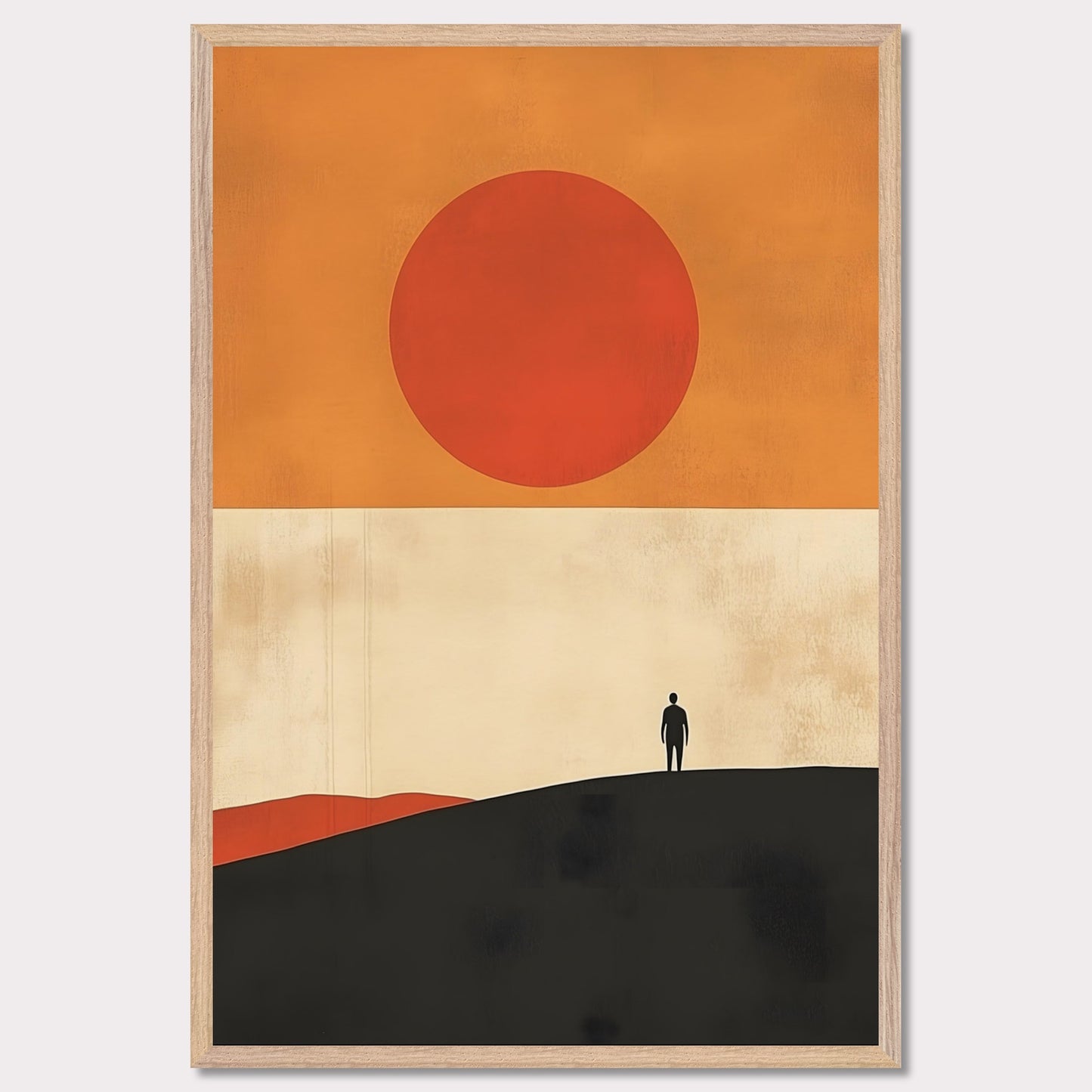 A striking minimalist artwork that conveys a sense of isolation and reflection. A lone figure stands on a hill under an oversized sun, evoking themes of wanderlust, contemplation, and the vastness of the world. The warm tones and simple composition give it a timeless, meditative feel.