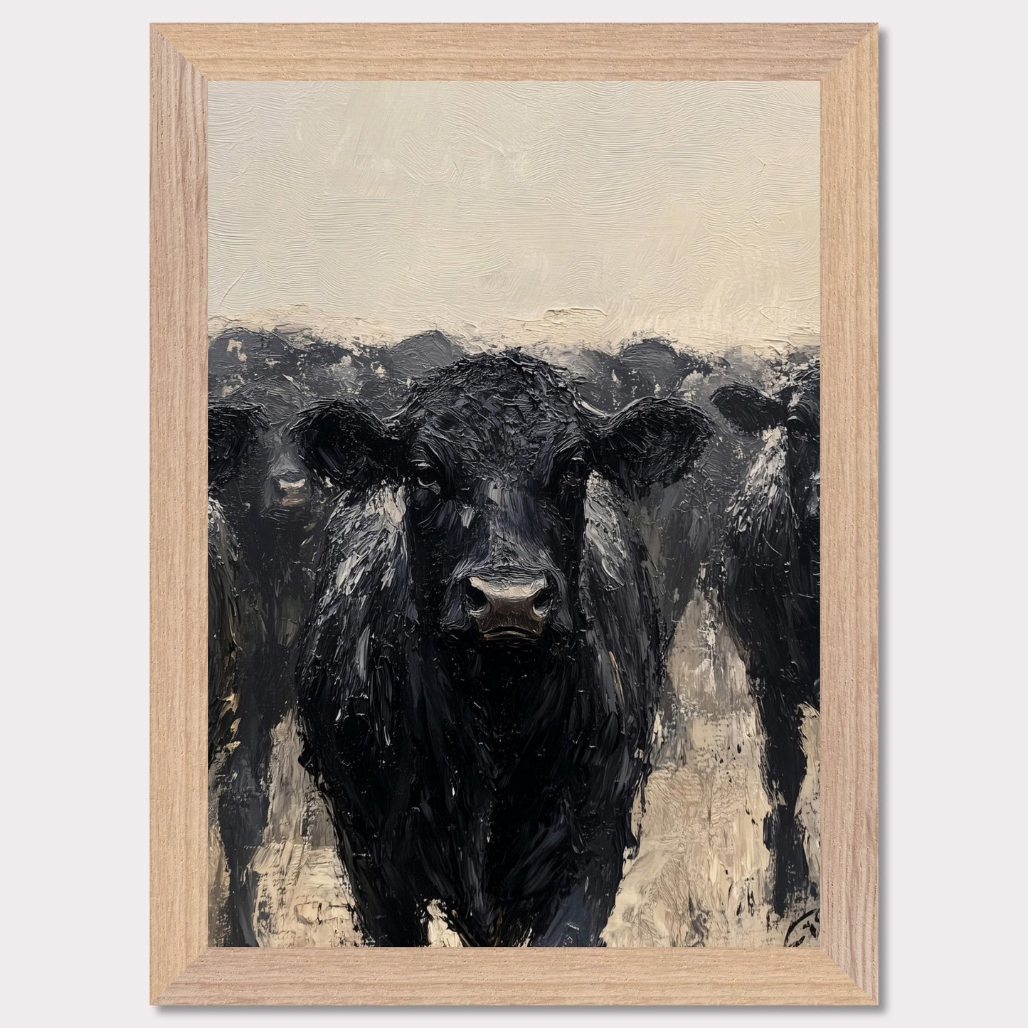 This striking painting captures the intense gaze of a black cow, surrounded by its herd. The textured brushstrokes and muted color palette create a powerful and captivating image.