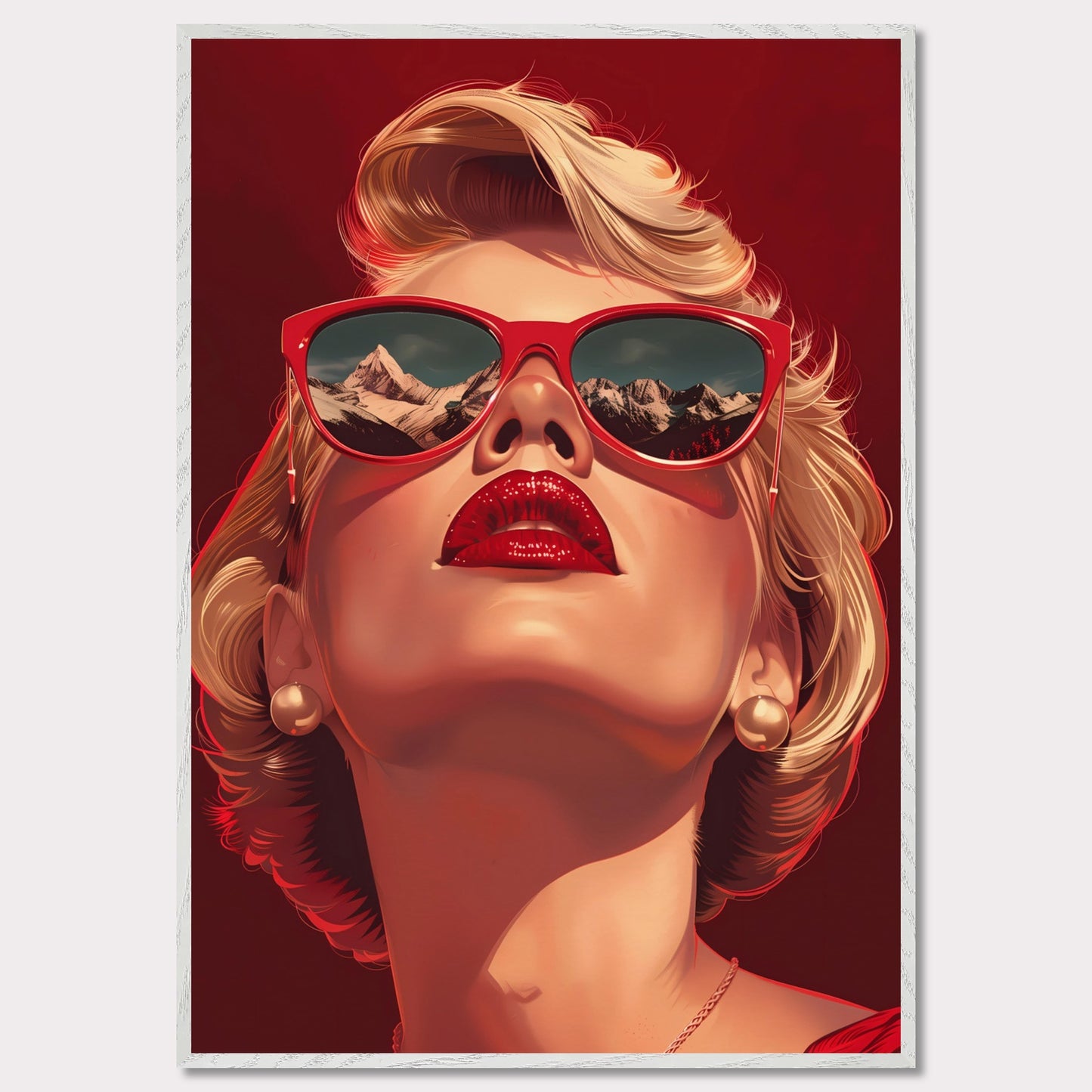 This striking artwork features a glamorous woman with blonde hair, wearing bold red sunglasses that reflect a stunning mountain landscape. Her vibrant red lips and pearl earrings add to the sophisticated and stylish aura of the piece.