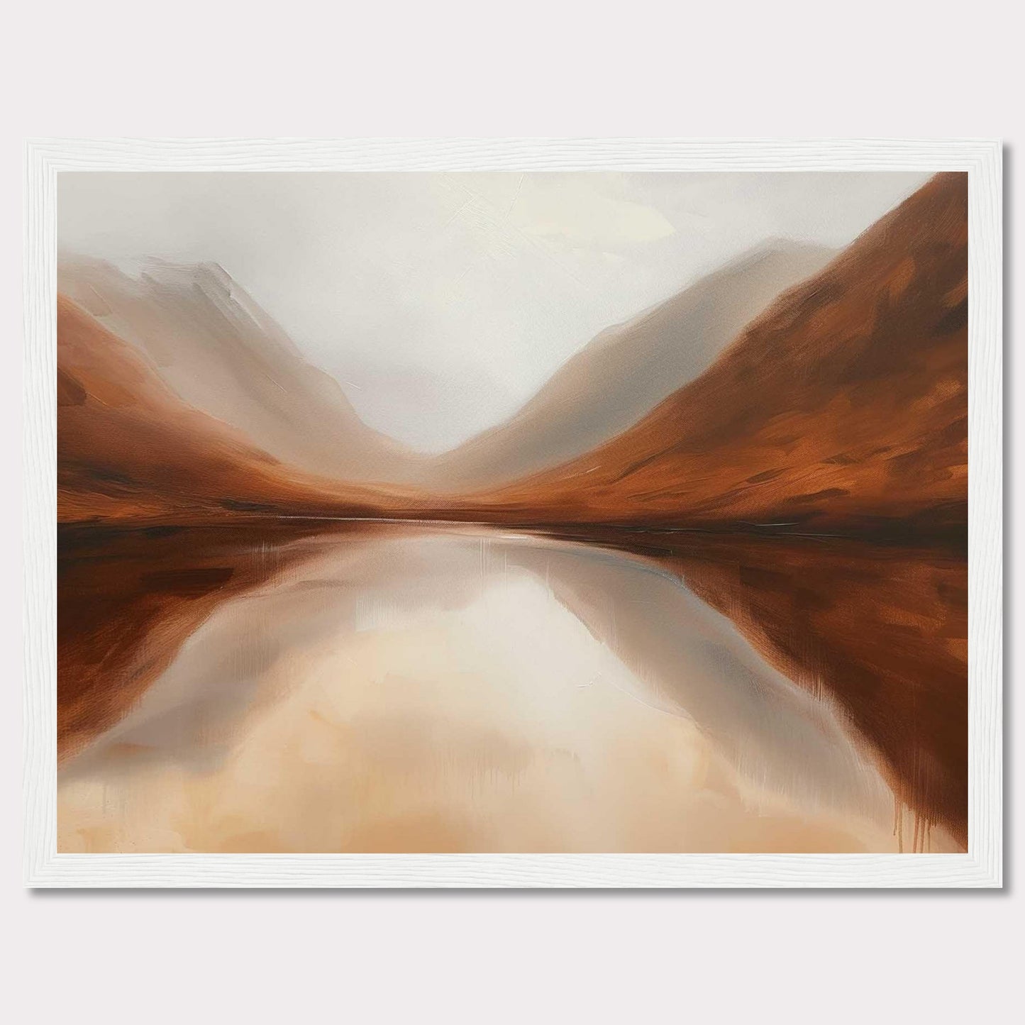 This captivating painting showcases a serene landscape with misty mountains reflected in a calm lake. The earthy tones of the mountains blend seamlessly with the soft, cloudy sky, creating a tranquil and harmonious scene.