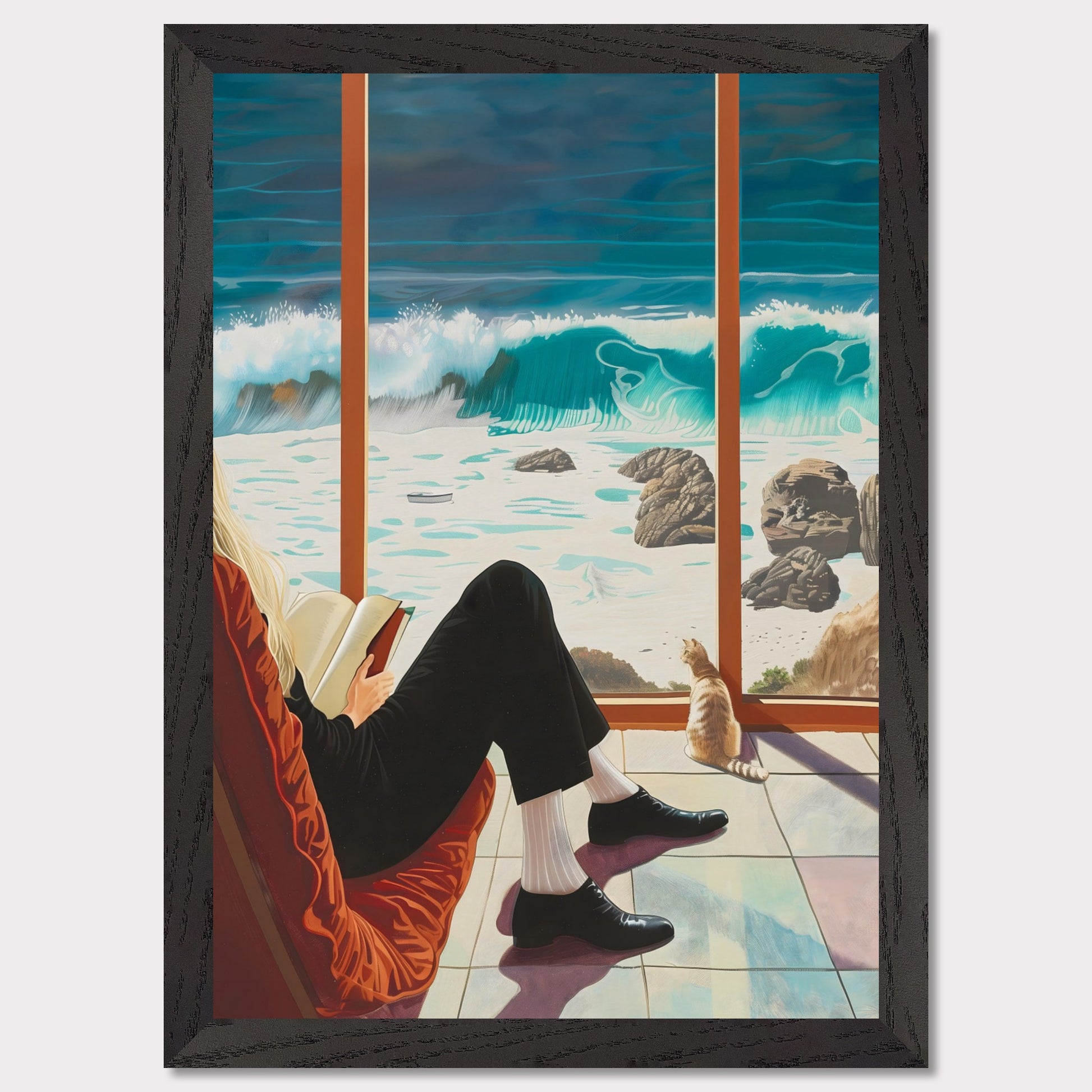 This captivating artwork depicts a serene scene where a person is sitting comfortably by a large window, reading a book. Outside, the ocean waves crash against the rocky shore, creating a mesmerizing view. A cat sits by the window, also gazing at the beautiful seascape.