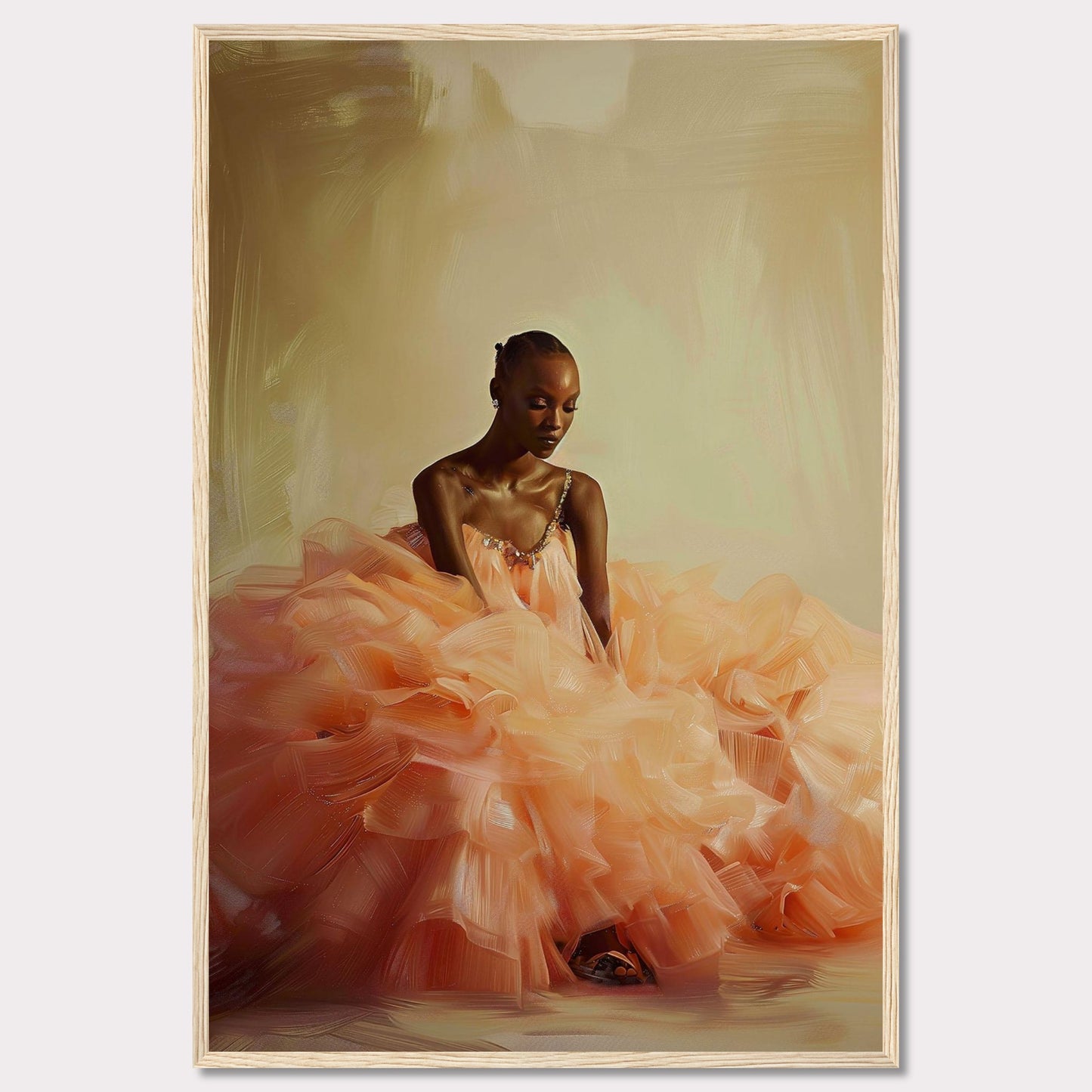 This captivating image features a serene woman in an elegant, voluminous peach gown. The soft, flowing fabric of the dress creates a dreamy and ethereal atmosphere. The background is a subtle blend of warm tones, enhancing the tranquil mood of the scene. The woman's poised and contemplative expression adds depth to the composition.