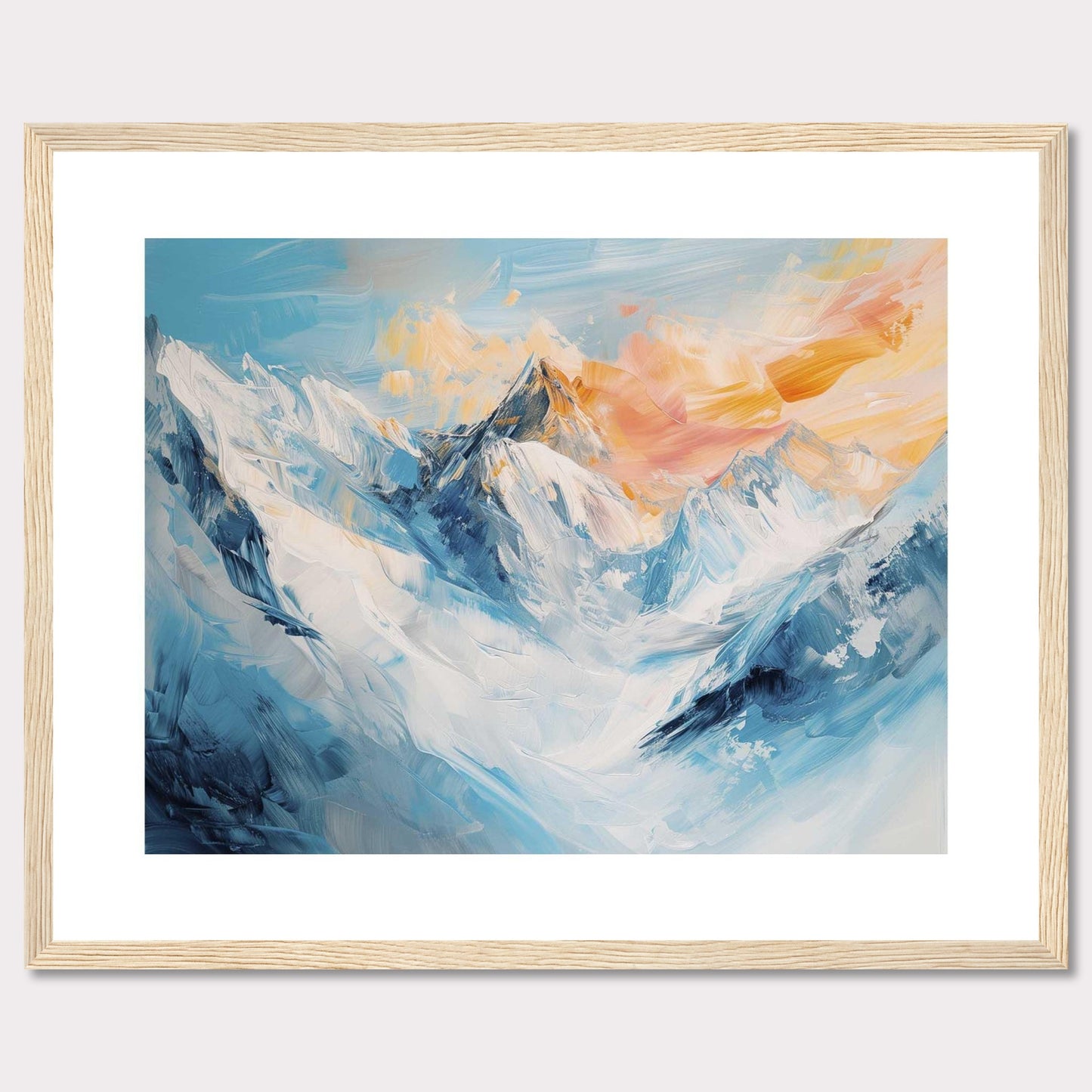 This image showcases a stunning painting of a mountain landscape, capturing the serene beauty of snow-covered peaks bathed in the warm hues of a setting sun.