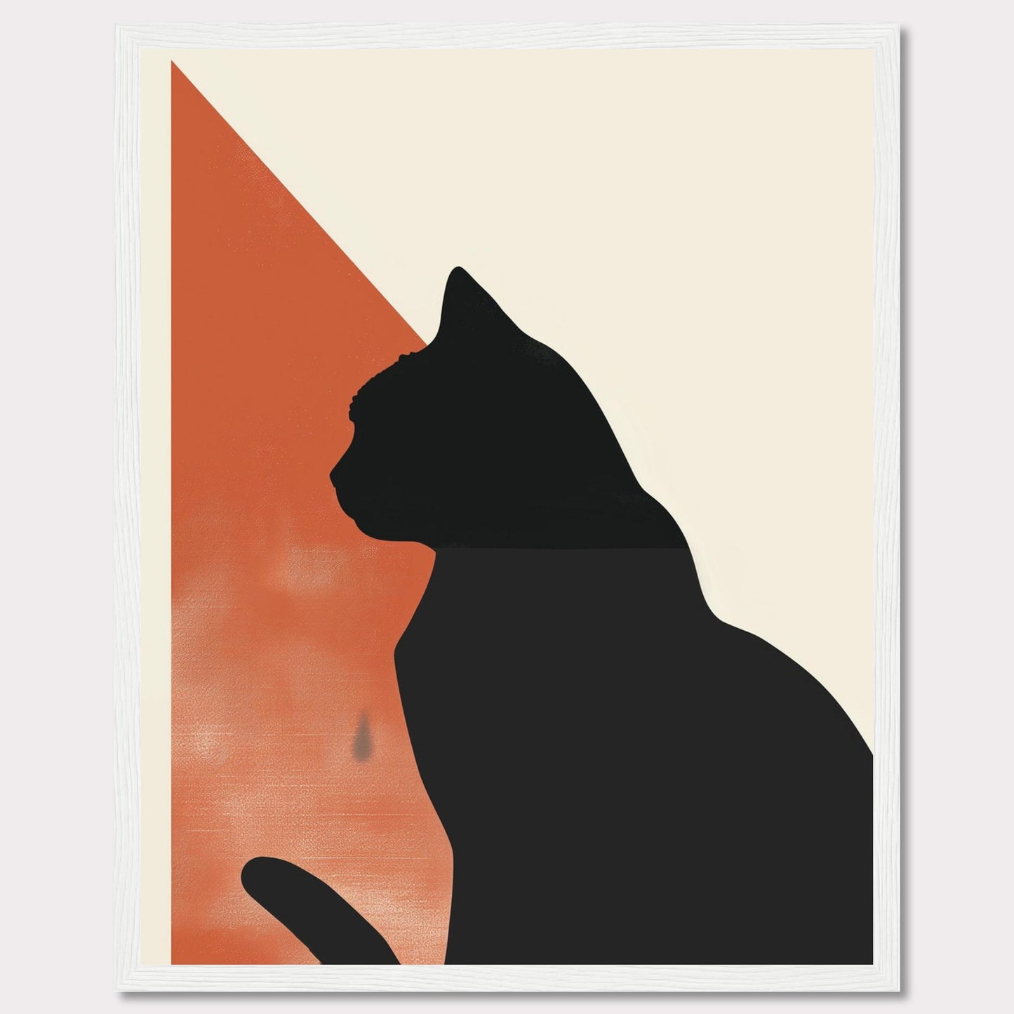 This minimalist art piece features the silhouette of a cat against a backdrop of contrasting colors. The design integrates a bold black cat figure with an orange and cream geometric background, creating a striking visual effect. The simplicity and elegance of this artwork make it a perfect addition to any modern living space.