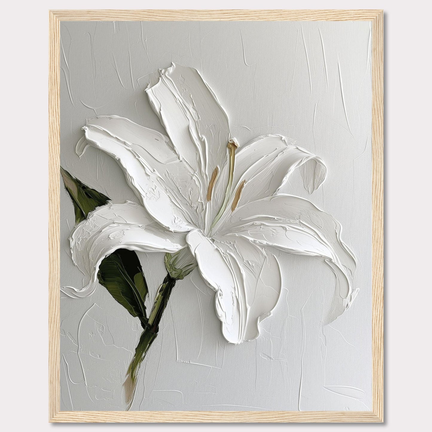 This image showcases a stunning textured painting of a white lily, elegantly framed in black. The thick brushstrokes add depth and dimension to the petals, creating a lifelike appearance. The background is kept minimal, allowing the flower to be the focal point.