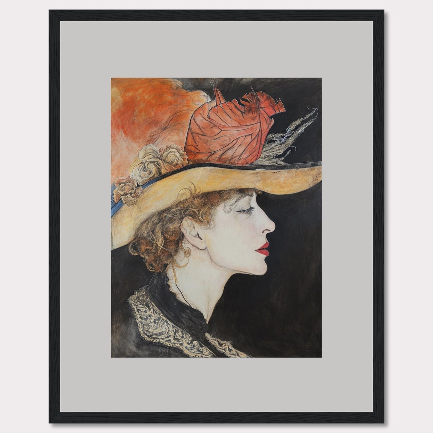 This captivating artwork features a side profile of a woman wearing an elegant hat adorned with feathers and flowers. The detailed illustration showcases her serene expression, accentuated by bold red lips and delicate curls framing her face. The background contrasts beautifully with the vibrant colors of the hat, adding depth to the portrait.