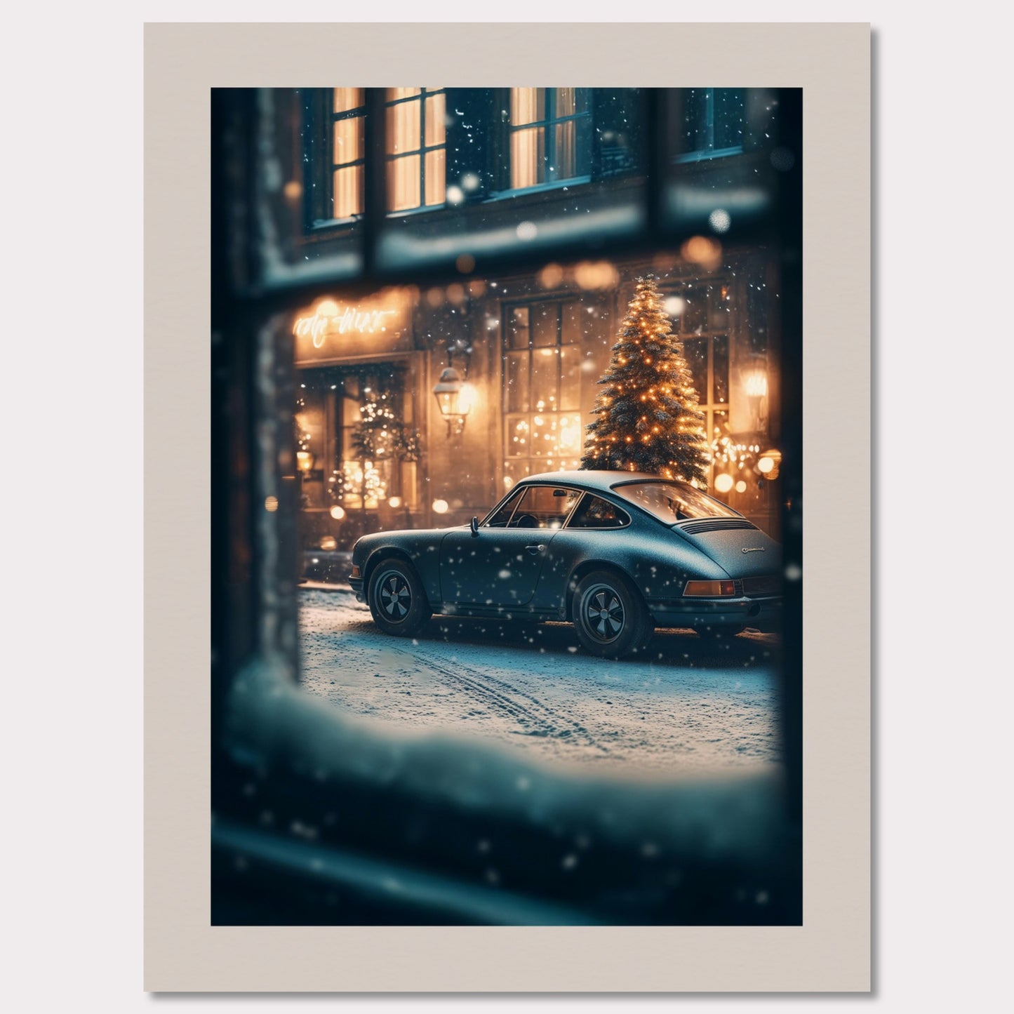 This cozy holiday poster captures a snowy Christmas evening, viewed through a frosty window. The glowing lights of a festive tree and a classic vintage car set the stage for a warm, nostalgic celebration. The snowflakes gently falling add magic to the enchanting alpine village atmosphere.