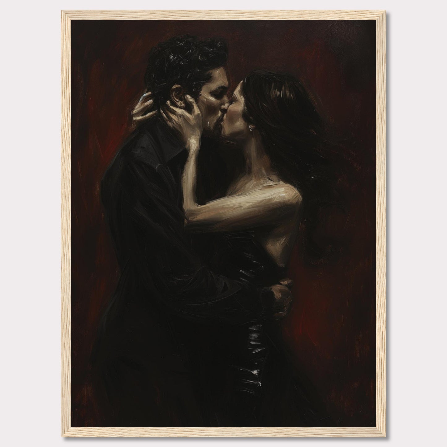 This evocative painting captures an intimate moment of a passionate kiss between two lovers. The dark, rich tones create a dramatic and romantic atmosphere.