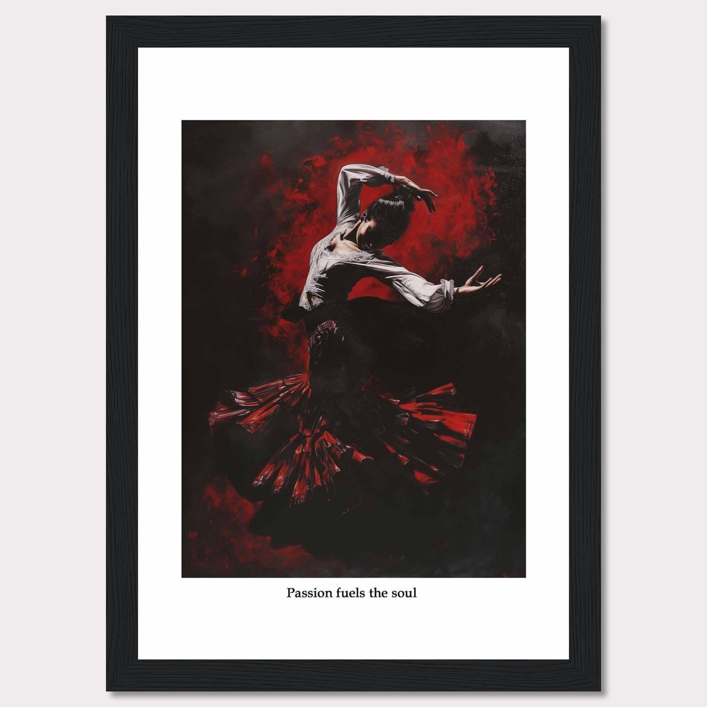 This captivating image depicts a flamenco dancer enveloped in a swirl of red and black, showcasing the intensity and passion of the dance. The dancer's expressive pose and flowing costume create a dynamic and powerful visual impact.