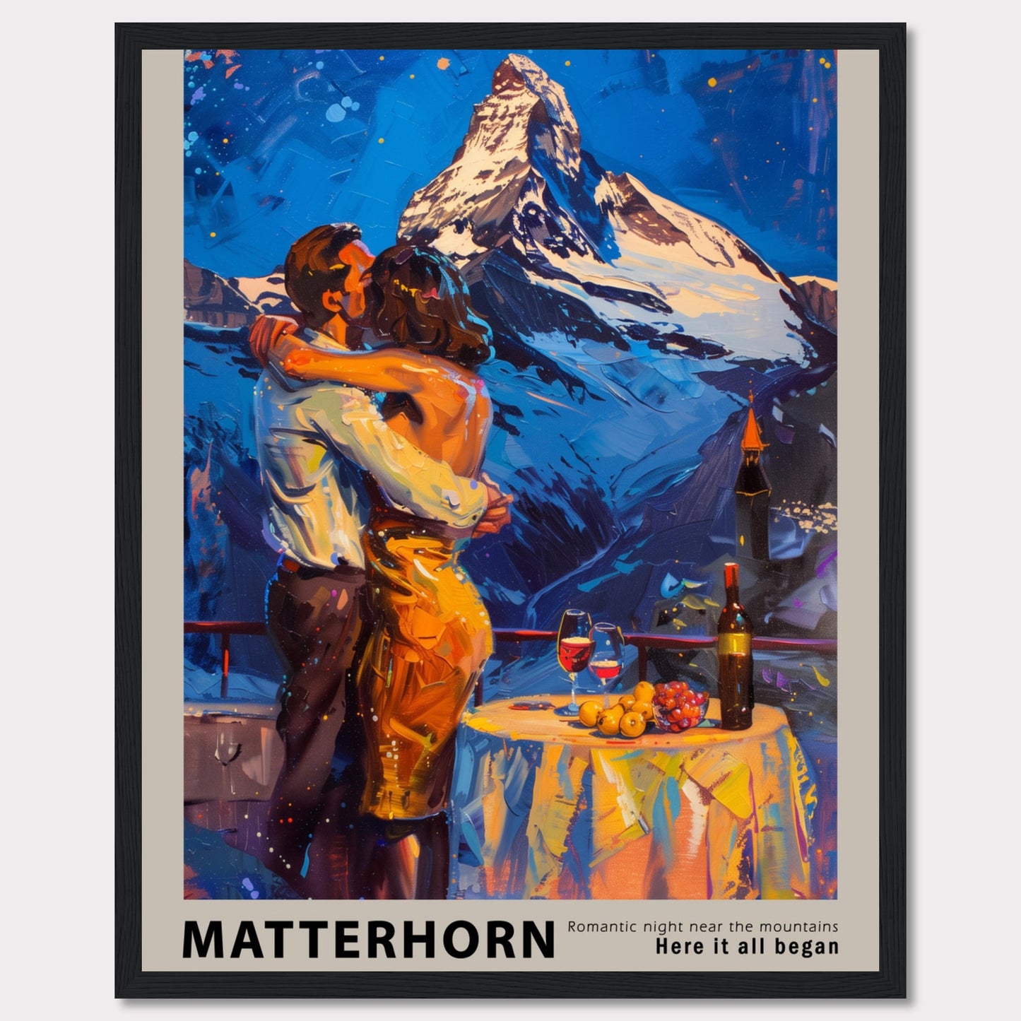 A romantic painting depicting a couple embracing near the Matterhorn mountain.