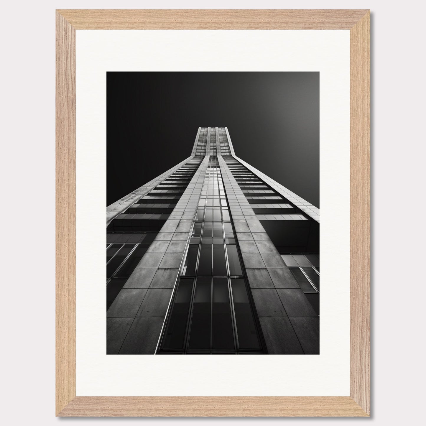 This striking black and white photograph captures the awe-inspiring perspective of looking up at a towering skyscraper. The image emphasizes the sleek lines and modern architecture, drawing the viewer's eye upwards towards the sky.